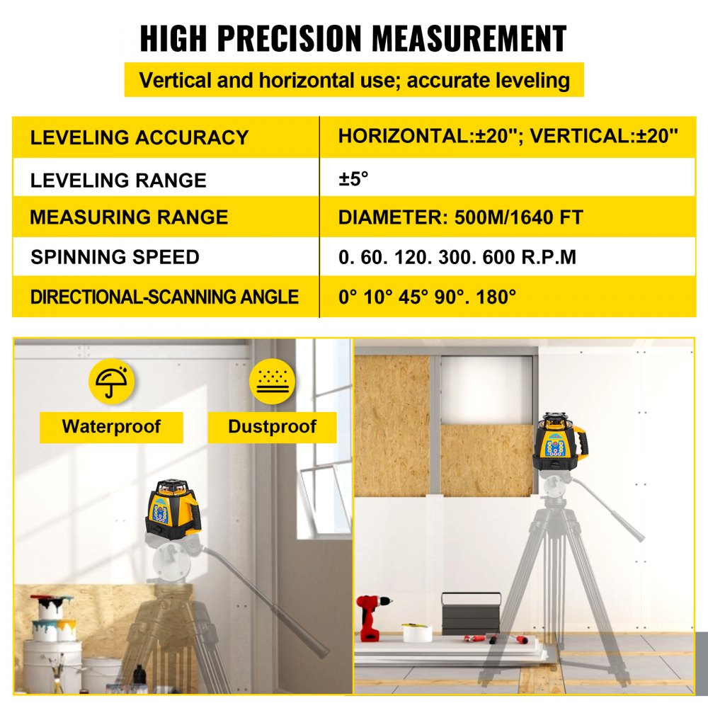 VEVOR Kit Livella Laser Rotante Autolivellante con Raggio Rosso  + 1.65M Righello Misurazione in Alluminio + 5M Treppiede a 5 Sezioni per Architettura, Costruzioni Edili, Installazione di Attrezzature