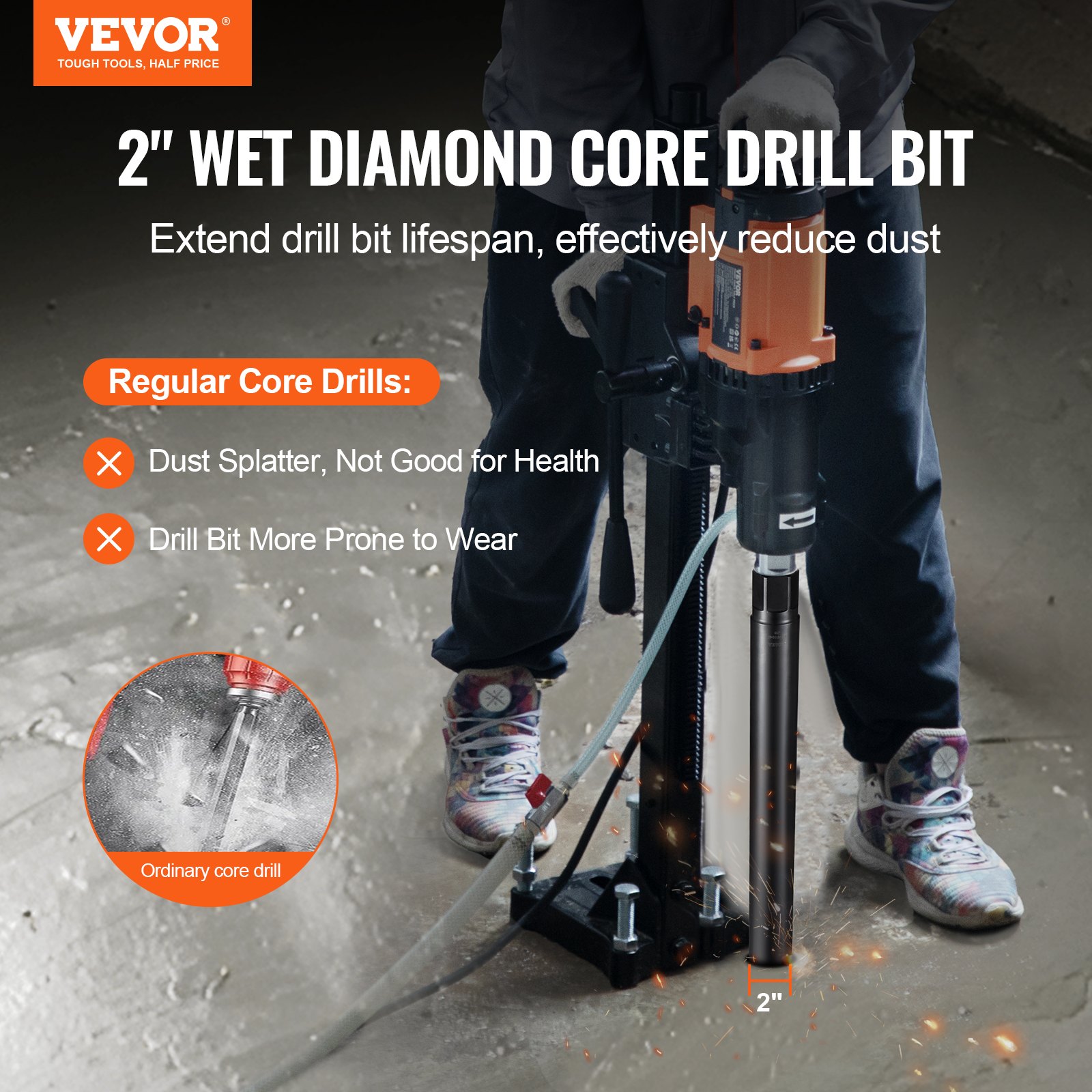 VEVOR Diamond Core Drill Bit, 50.8 mm Wet Diamond Core Drill Bit, 355 mm Drilling Depth Concrete Core Drill Bit with Saw Blade, 1-1/4 Inch-7 Internal Thread, Laser Welding, Diamond Wet Drill Bit for Concrete Bricks