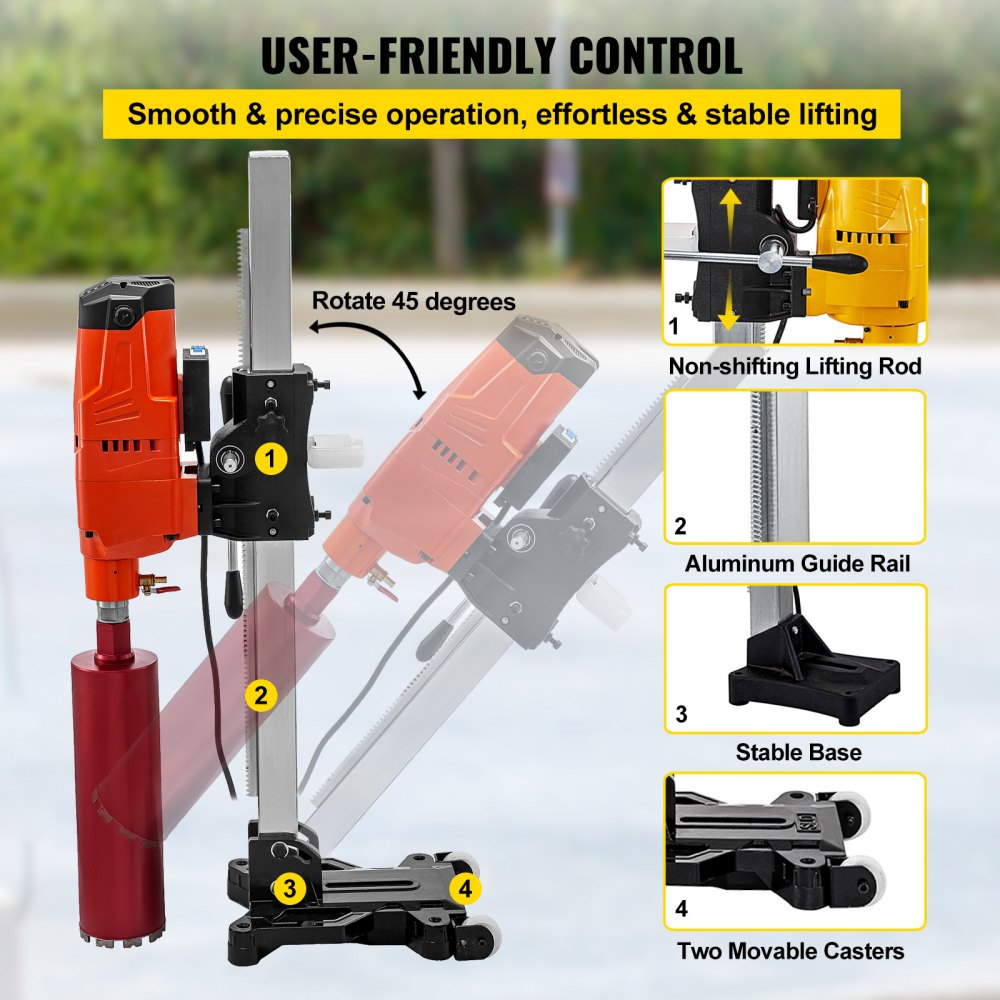 VEVOR Macchina per Carotaggio con Base Rotabile a 45 Gradi, Trapano a Colonna 4800w, Trapano a Colonna da Banco, con Ingresso in Rame, Core Drill Rig, Usato nella Perforazione di Cemento Armato