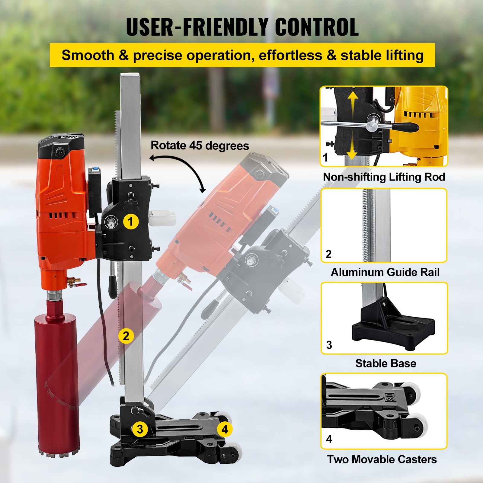 VEVOR Macchina per Carotaggio con Base Rotabile a 45 Gradi, Trapano a Colonna 4800w, Trapano a Colonna da Banco, con Ingresso in Rame, Core Drill Rig, Usato nella Perforazione di Cemento Armato