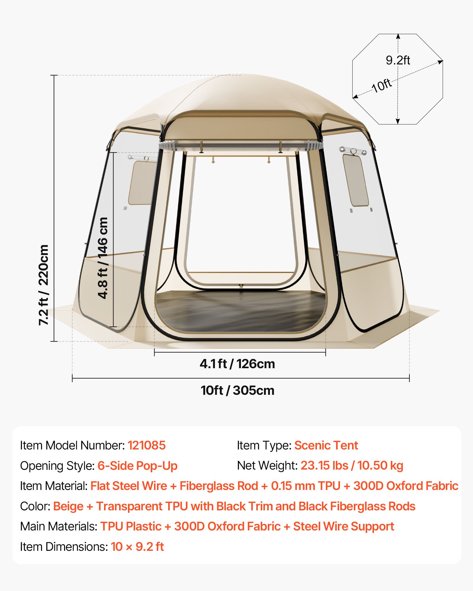 VEVOR Tenda a Cupola Pop-Up, 305 x 275 x 220 cm, Impermeabile e Resistente ai Raggi UV, Tenda da Campeggio Trasparente, con Finestre, Vista Panoramica a 540°, per 4-8 Persone, Patio, Cortile