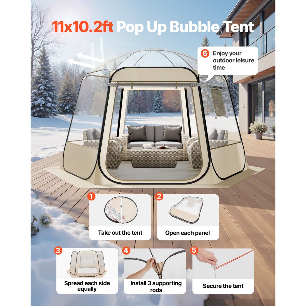 VEVOR Tenda a Cupola Pop-Up,  336 x 305 x 220 cm, Impermeabile e Resistente ai Raggi UV, Tenda da Campeggio Trasparente, con Finestre, Vista Panoramica a 540°, per 8 a 10 Persone, Patio, Cortile