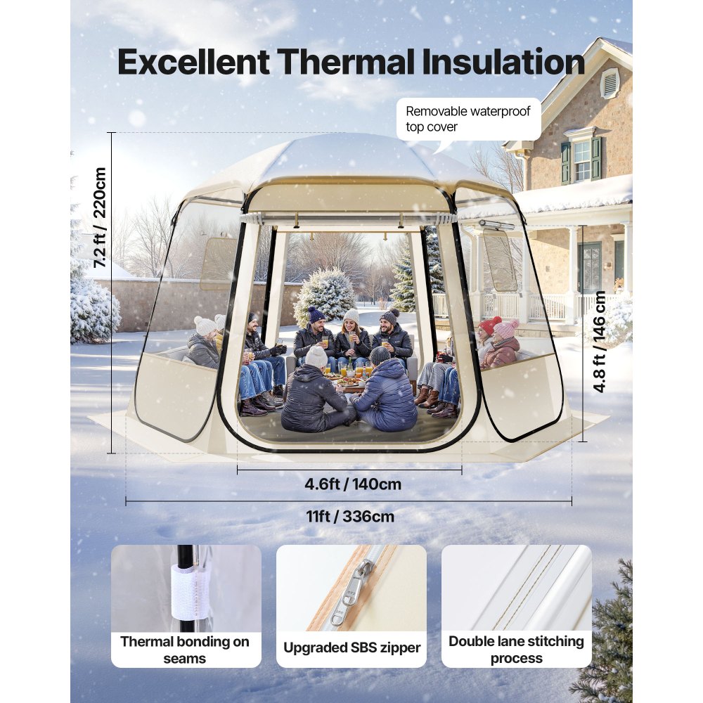 VEVOR Tenda a Cupola Pop-Up,  336 x 305 x 220 cm, Impermeabile e Resistente ai Raggi UV, Tenda da Campeggio Trasparente, con Finestre, Vista Panoramica a 540°, per 8 a 10 Persone, Patio, Cortile