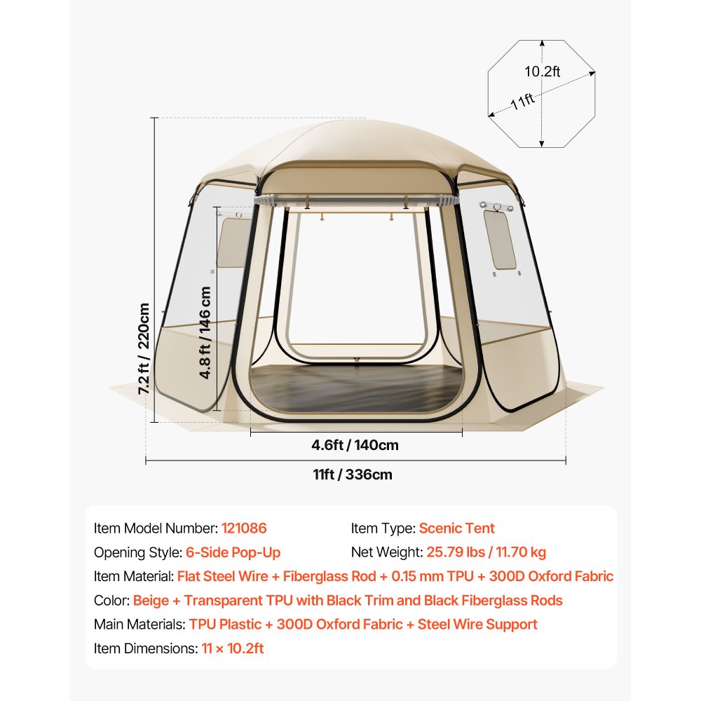 VEVOR Tenda a Cupola Pop-Up,  336 x 305 x 220 cm, Impermeabile e Resistente ai Raggi UV, Tenda da Campeggio Trasparente, con Finestre, Vista Panoramica a 540°, per 8 a 10 Persone, Patio, Cortile
