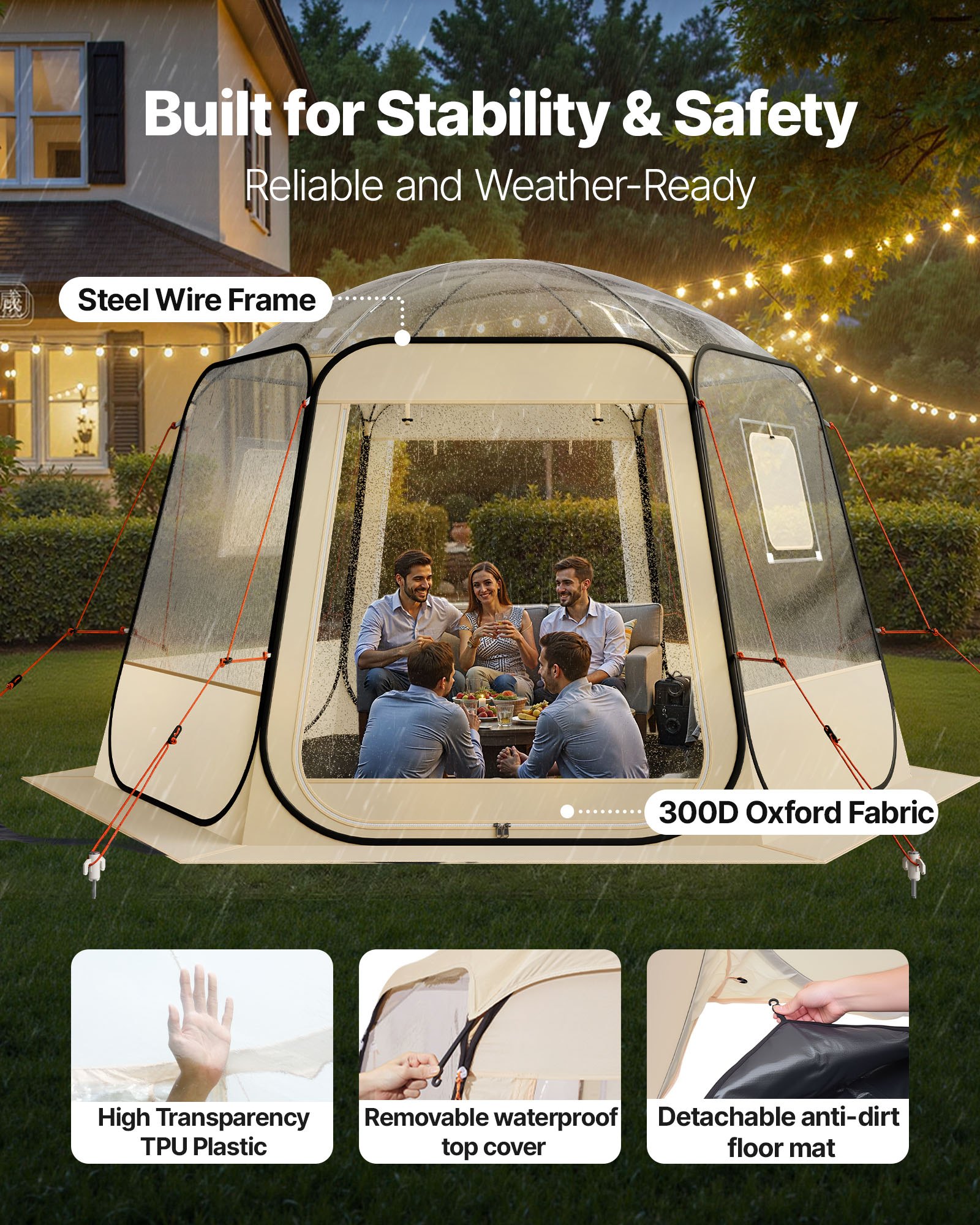 VEVOR Tenda a Cupola Pop-Up,  336 x 305 x 220 cm, Impermeabile e Resistente ai Raggi UV, Tenda da Campeggio Trasparente, con Finestre, Vista Panoramica a 540°, per 8 a 10 Persone, Patio, Cortile