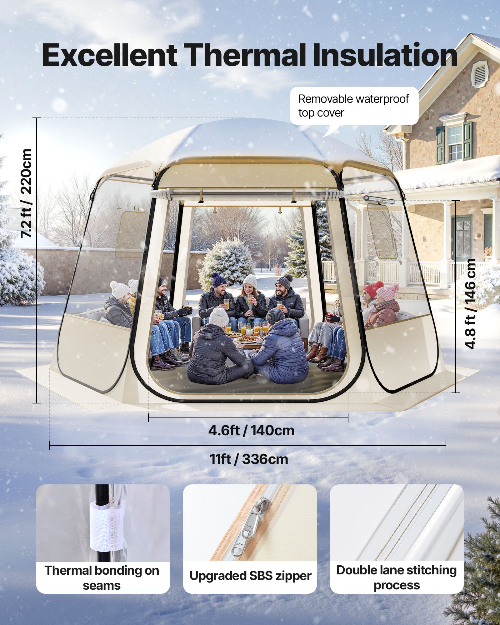 VEVOR Tenda a Cupola Pop-Up,  336 x 305 x 220 cm, Impermeabile e Resistente ai Raggi UV, Tenda da Campeggio Trasparente, con Finestre, Vista Panoramica a 540°, per 8 a 10 Persone, Patio, Cortile
