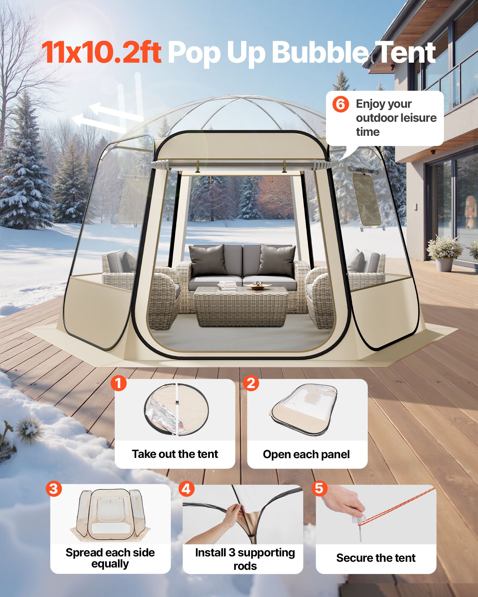 VEVOR Tenda a Cupola Pop-Up,  336 x 305 x 220 cm, Impermeabile e Resistente ai Raggi UV, Tenda da Campeggio Trasparente, con Finestre, Vista Panoramica a 540°, per 8 a 10 Persone, Patio, Cortile