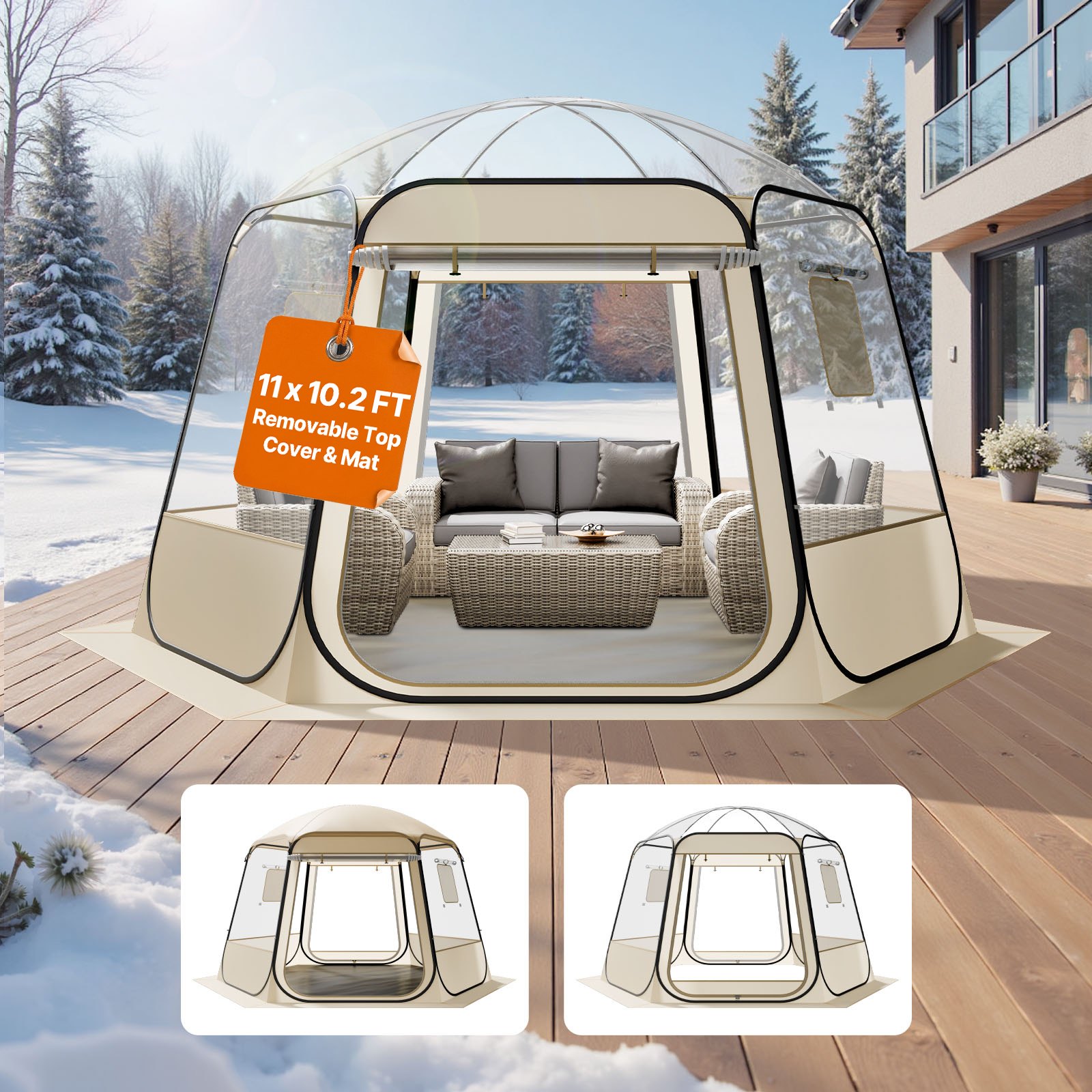 VEVOR Tenda a Cupola Pop-Up,  336 x 305 x 220 cm, Impermeabile e Resistente ai Raggi UV, Tenda da Campeggio Trasparente, con Finestre, Vista Panoramica a 540°, per 8 a 10 Persone, Patio, Cortile