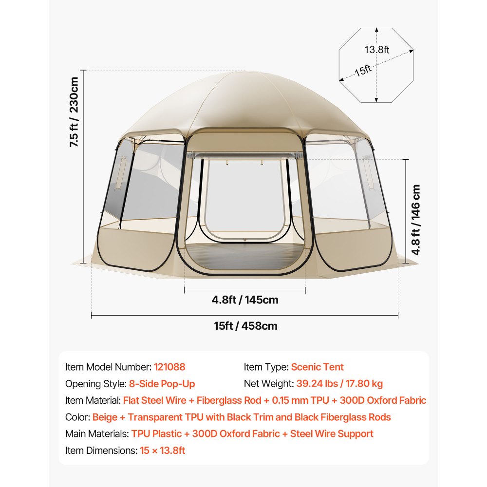 VEVOR Tenda a Cupola Pop-Up,  458 x 432 x 230 cm, Impermeabile e Resistente ai Raggi UV, Tenda da Campeggio Trasparente, con Finestre, Vista Panoramica a 540°, per 12 a 15 Persone, Patio, Cortile
