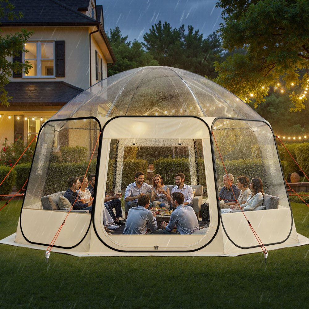 VEVOR Tenda a Cupola Pop-Up,  458 x 432 x 230 cm, Impermeabile e Resistente ai Raggi UV, Tenda da Campeggio Trasparente, con Finestre, Vista Panoramica a 540°, per 12 a 15 Persone, Patio, Cortile