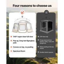VEVOR Tenda a Cupola Pop-Up,  458 x 432 x 230 cm, Impermeabile e Resistente ai Raggi UV, Tenda da Campeggio Trasparente, con Finestre, Vista Panoramica a 540°, per 12 a 15 Persone, Patio, Cortile