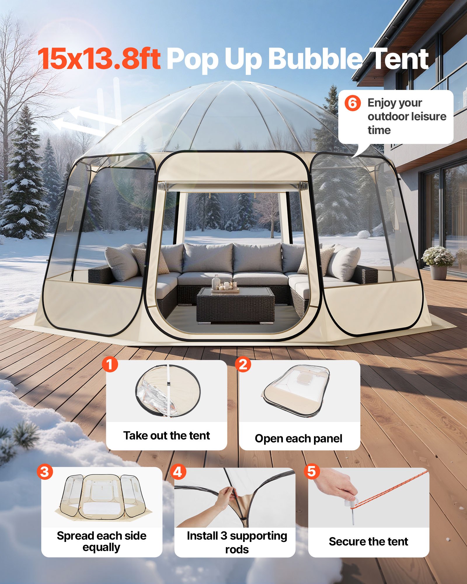 VEVOR Tenda a Cupola Pop-Up,  458 x 432 x 230 cm, Impermeabile e Resistente ai Raggi UV, Tenda da Campeggio Trasparente, con Finestre, Vista Panoramica a 540°, per 12 a 15 Persone, Patio, Cortile