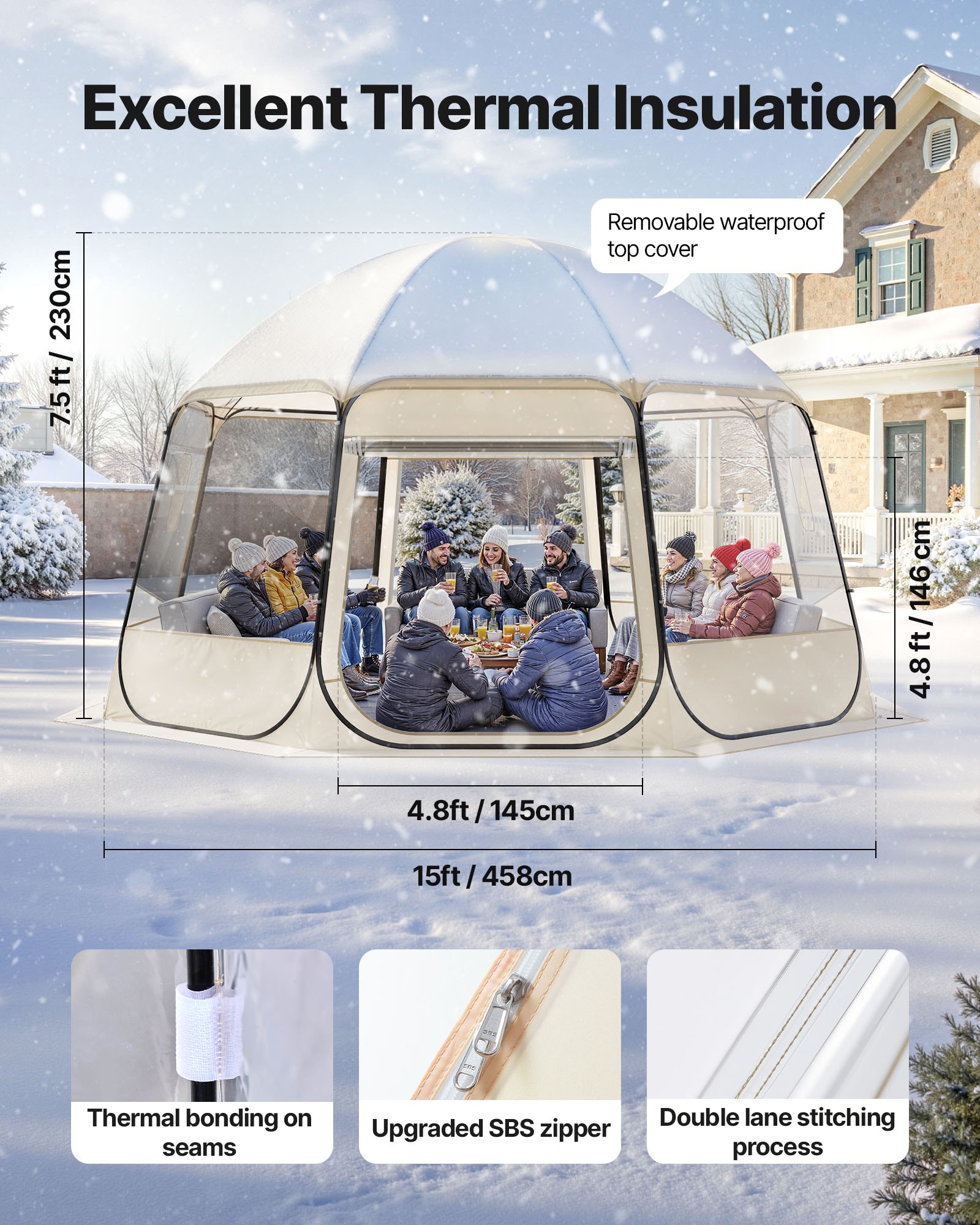 VEVOR Tenda a Cupola Pop-Up,  458 x 432 x 230 cm, Impermeabile e Resistente ai Raggi UV, Tenda da Campeggio Trasparente, con Finestre, Vista Panoramica a 540°, per 12 a 15 Persone, Patio, Cortile