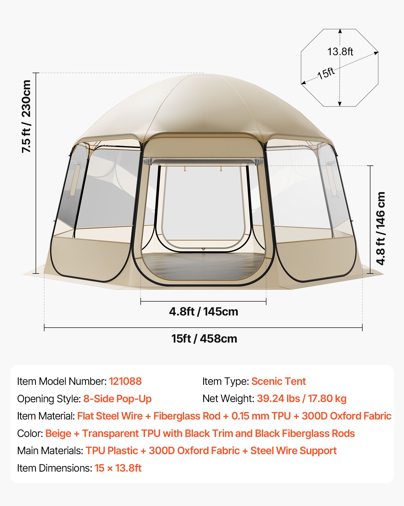 VEVOR Tenda a Cupola Pop-Up,  458 x 432 x 230 cm, Impermeabile e Resistente ai Raggi UV, Tenda da Campeggio Trasparente, con Finestre, Vista Panoramica a 540°, per 12 a 15 Persone, Patio, Cortile