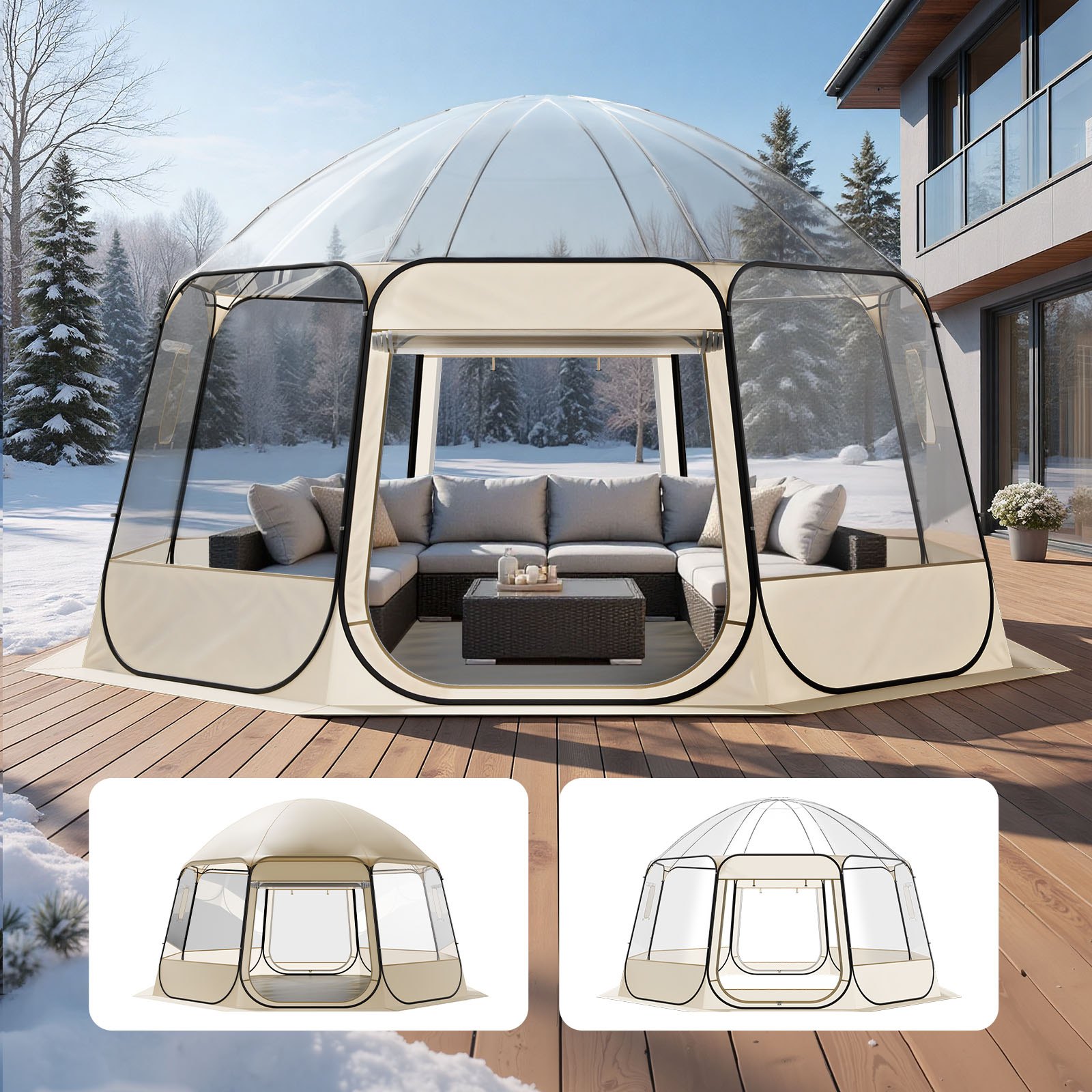 VEVOR Tenda a Cupola Pop-Up,  458 x 432 x 230 cm, Impermeabile e Resistente ai Raggi UV, Tenda da Campeggio Trasparente, con Finestre, Vista Panoramica a 540°, per 12 a 15 Persone, Patio, Cortile