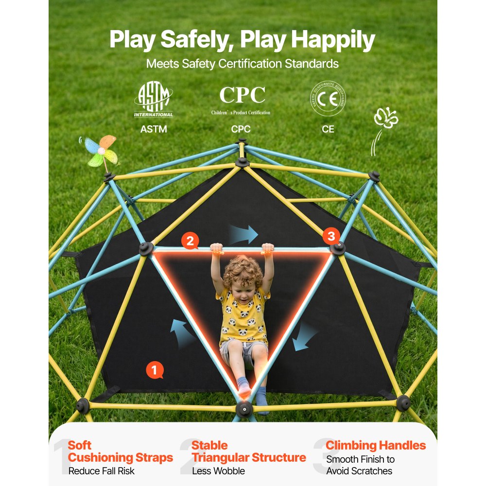 VEVOR Climbing Dome, 10FT Geometric Dome Climber with Hammock and Swing, for Kids 3 to 10 Years Old, Jungle Gym Supports 750LBS and Easy Assembly, with Climbing Grip, Outdoor Backyard Play Equipment