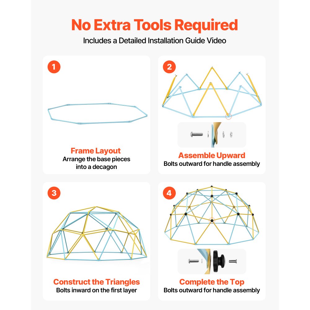 VEVOR Climbing Dome, 10FT Geometric Dome Climber with Hammock and Swing, for Kids 3 to 10 Years Old, Jungle Gym Supports 750LBS and Easy Assembly, with Climbing Grip, Outdoor Backyard Play Equipment