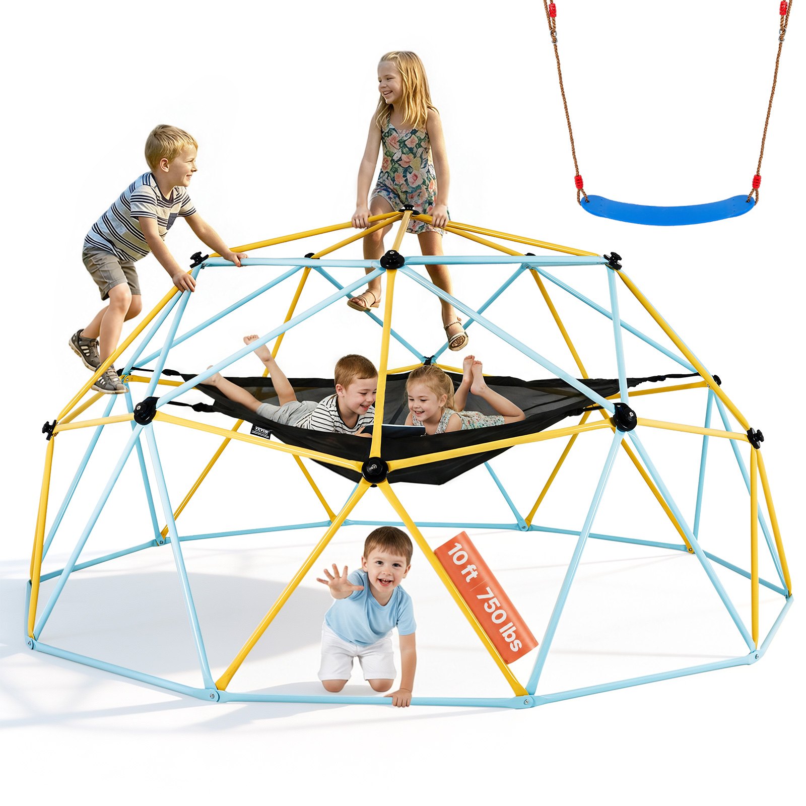 VEVOR Cupola da Arrampicata Geometrica per Bambini da 3 a 10 Anni, Cupola d'Arrampicata 305 cm con Amaca e Altalena, Portata 340 kg, con Maniglia da Arrampicata, Parco Giochi per Interno Esterno