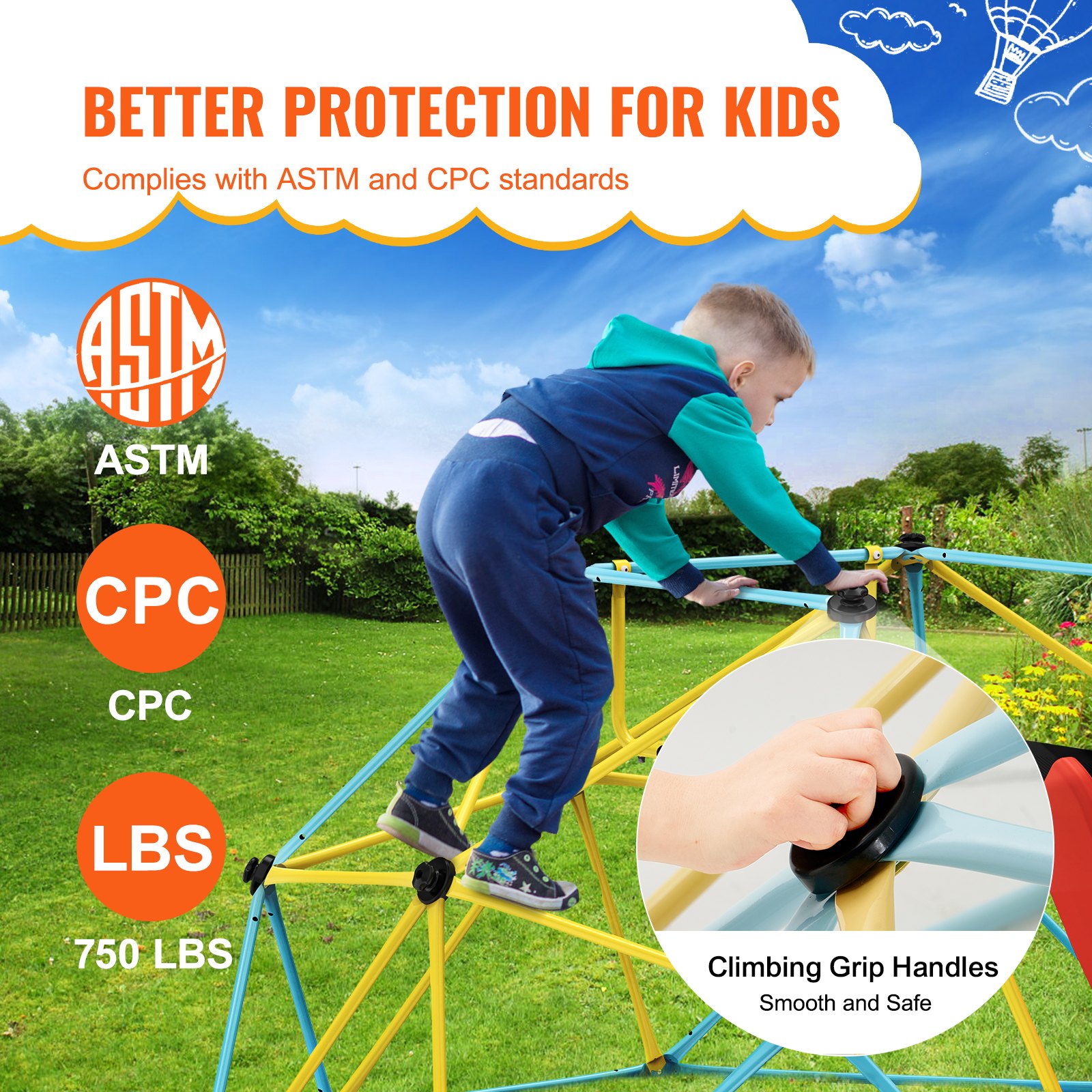 VEVOR Cupola da Arrampicata Geometrica per Bambini da 3 a 9 Anni, Arrampicatoio a Cupola 244 cm con Scivolo, Supporta 272 kg, con Maniglia da Arrampicata, Parco Giochi per Interni ed Esterni,