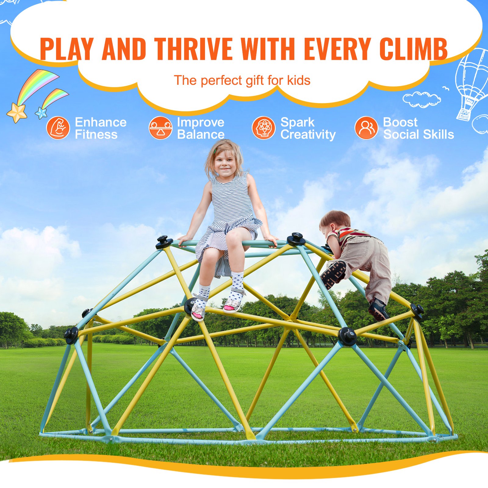 VEVOR Cupola da Arrampicata Geometrica per Bambini da 3 a 9 Anni, Cupola da Arrampicata 183cm, Supporta 600 libbre, Maniglia da Arrampicata, Montaggio Facile, Parco Giochi all'Aperto, Cortile
