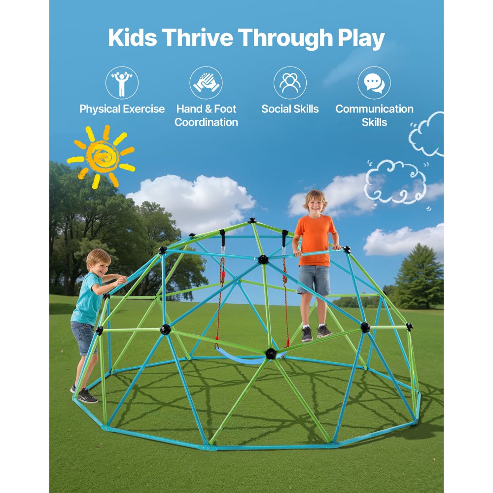 VEVOR Climbing Dome, 305cm Geometric Dome Climber with Swing & Hammock, 453kg Loading Kid's Jungle Gym Playground, Easy-Assembly Outdoor Backyard Climbing Equipment for Boys Girls 3 to 10 Years Old