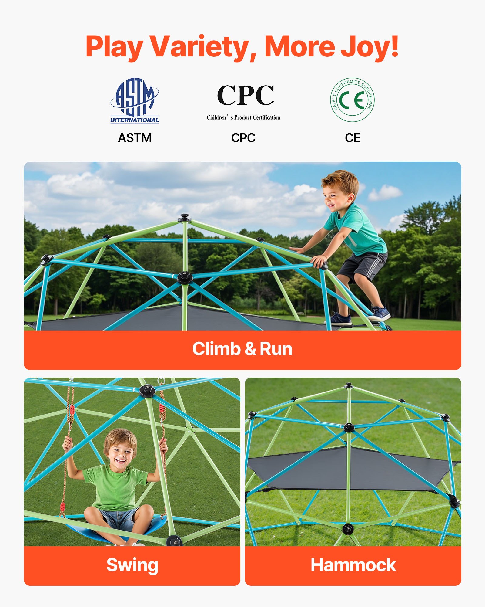 VEVOR Struttura da Arrampicata Geometrica a Cupola Larghezza 305 cm con Altalena e Amaca, Capacità di Carico 453 kg, Attrezzatura da Arrampicata per Bambini dai 3 ai 10 Anni, Parco Giochi Giardino