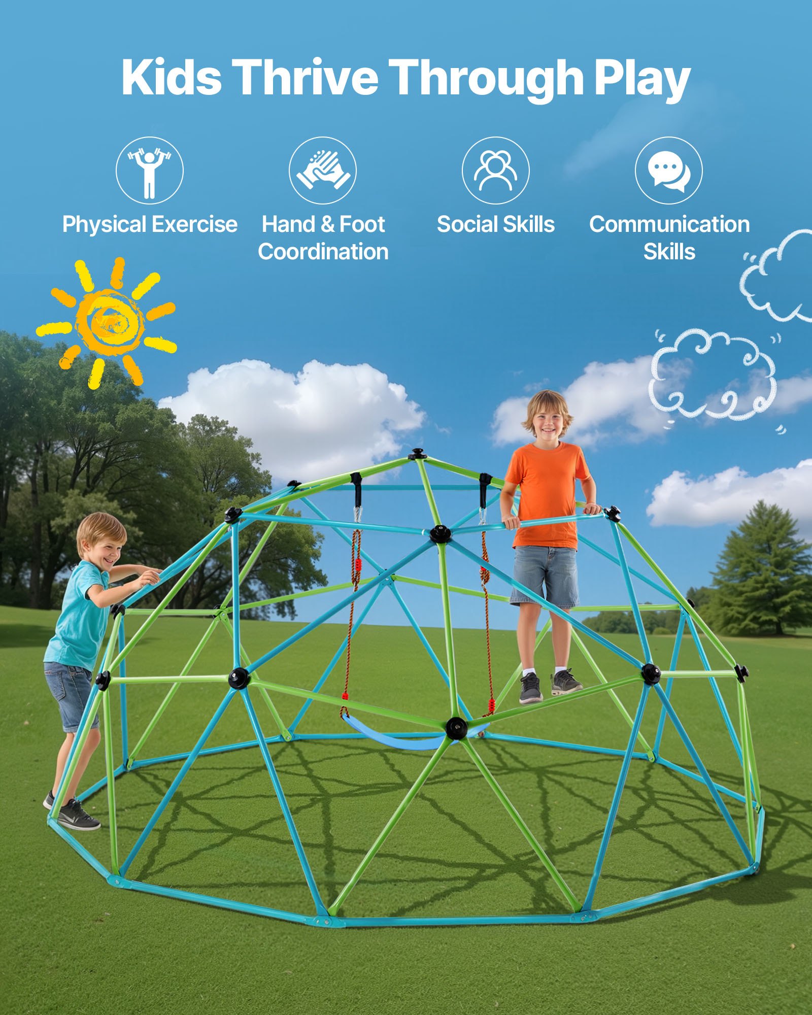 VEVOR Struttura da Arrampicata Geometrica a Cupola Larghezza 305 cm con Altalena e Amaca, Capacità di Carico 453 kg, Attrezzatura da Arrampicata per Bambini dai 3 ai 10 Anni, Parco Giochi Giardino