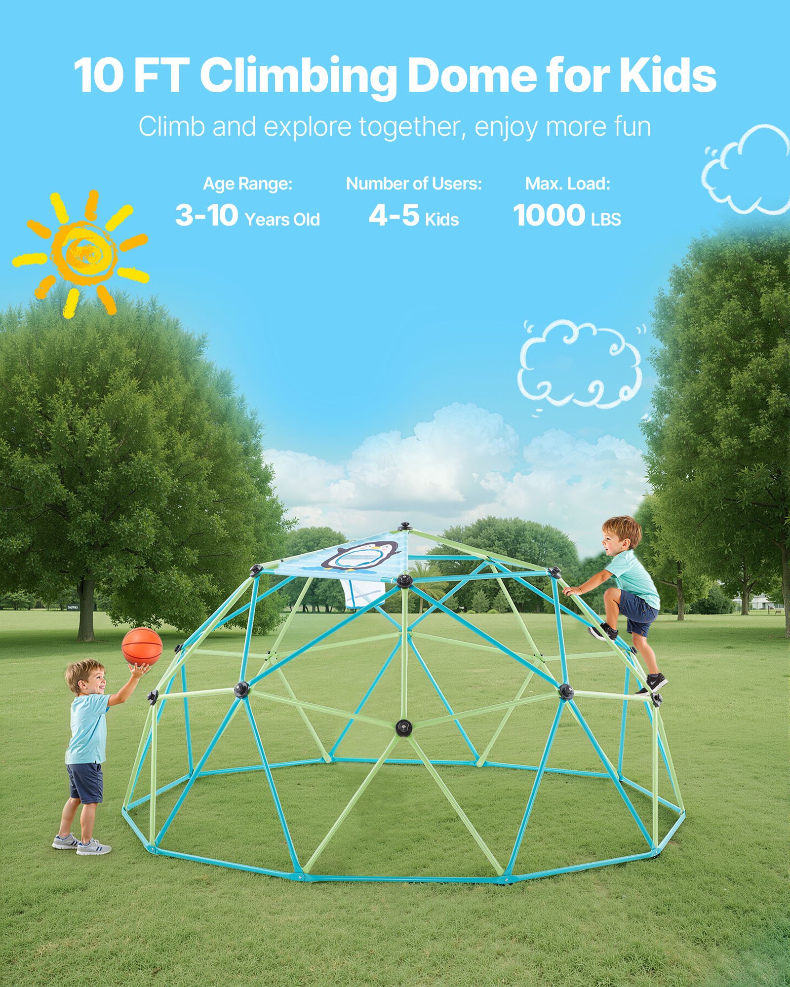 VEVOR Struttura da Arrampicata Geometrica a Cupola Larghezza 305 cm con Palloni da Basket, Carico 453 kg, Attrezzatura da Arrampicata per Bambini dai 3 ai 10 Anni, Parco Giochi Giardino