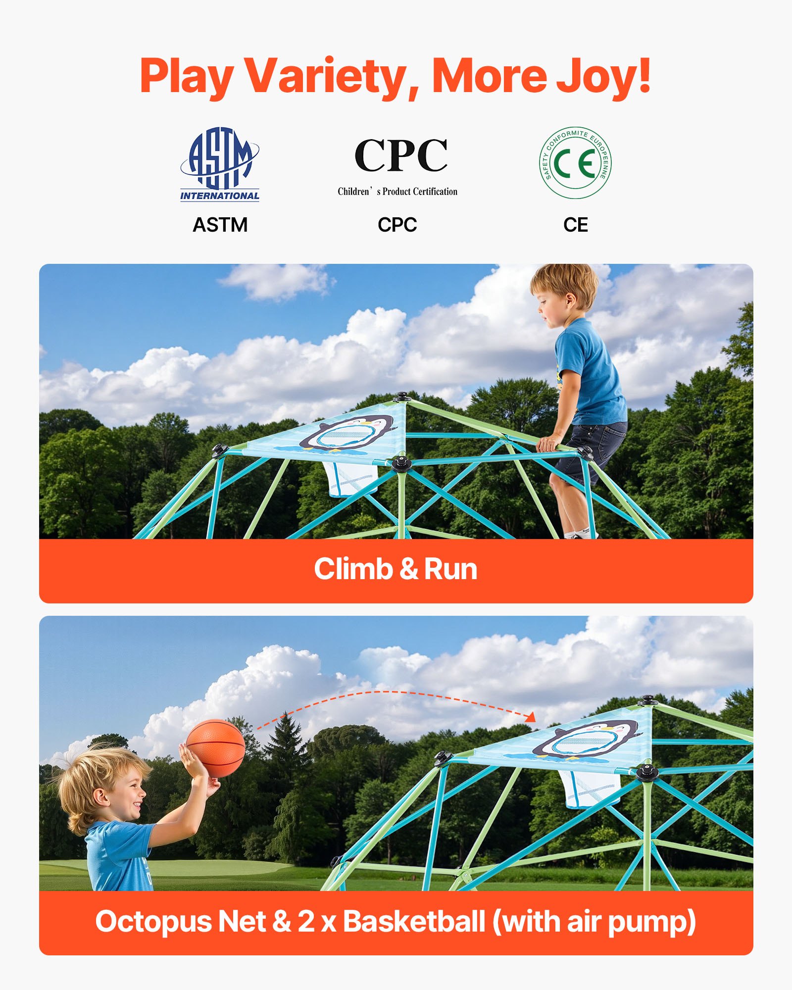VEVOR Struttura da Arrampicata Geometrica a Cupola Larghezza 305 cm con Palloni da Basket, Carico 453 kg, Attrezzatura da Arrampicata per Bambini dai 3 ai 10 Anni, Parco Giochi Giardino