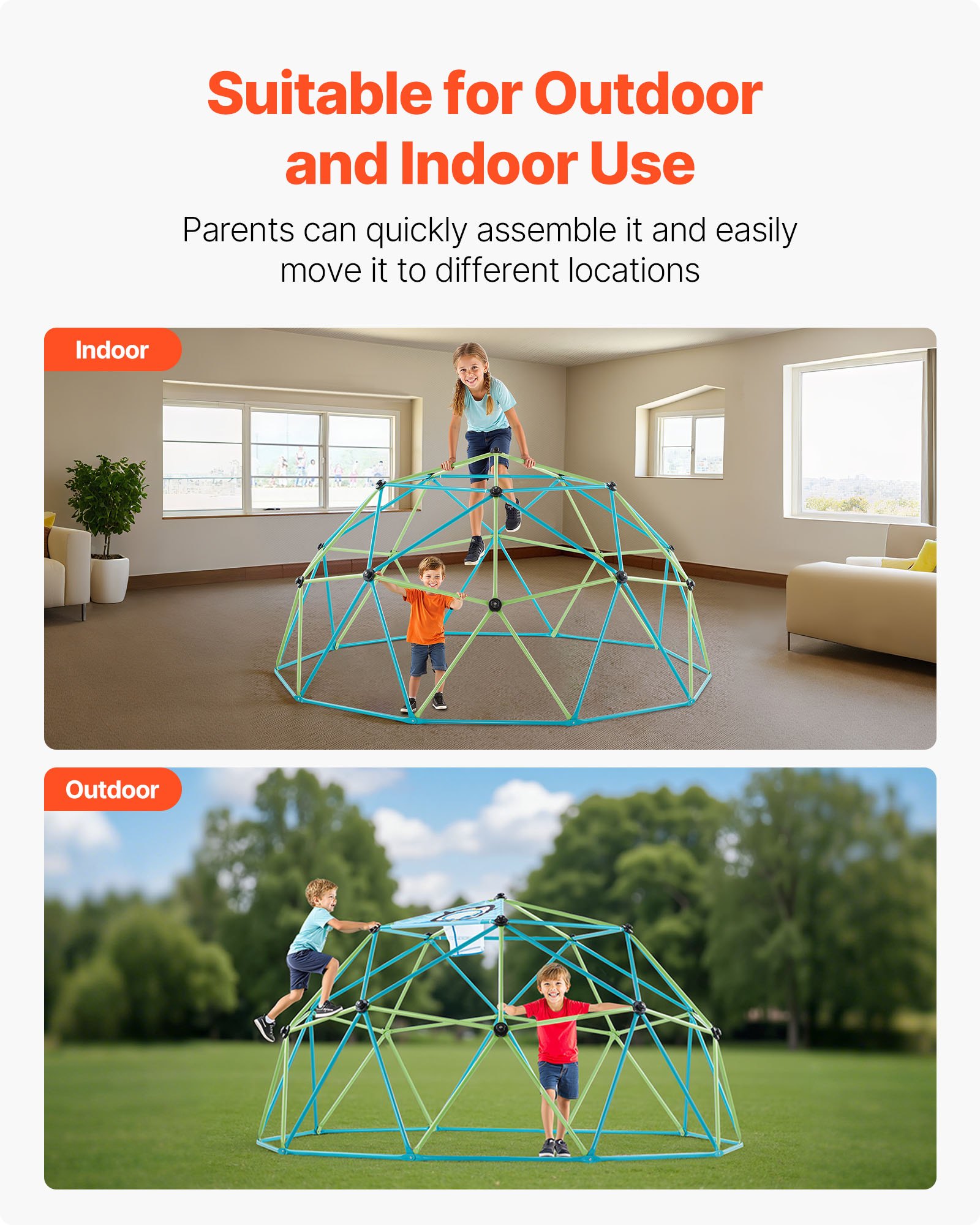 VEVOR Struttura da Arrampicata Geometrica a Cupola Larghezza 305 cm con Palloni da Basket, Carico 453 kg, Attrezzatura da Arrampicata per Bambini dai 3 ai 10 Anni, Parco Giochi Giardino