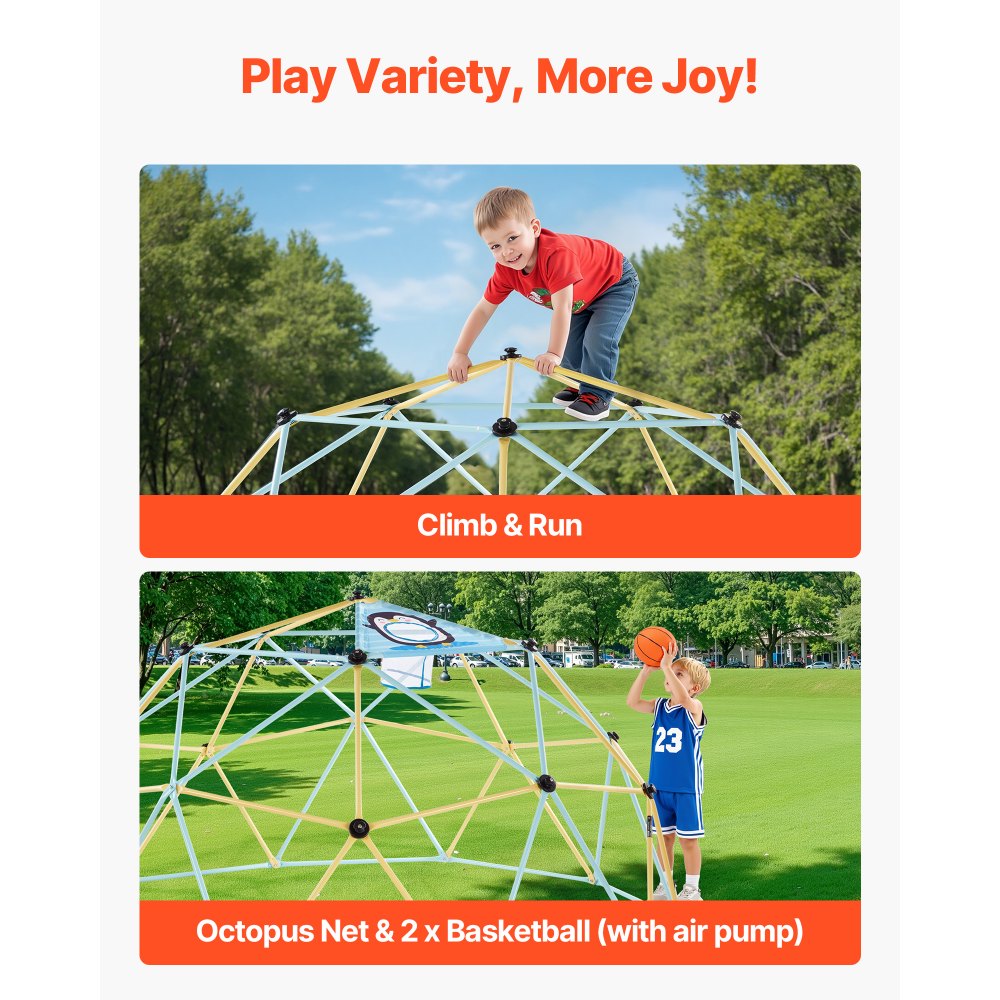 VEVOR Climbing Dome, 305cm Geometric Dome Climber, 453kg Loading Jungle Gym Playground with 2 Basketballs & Octopus Net, Easy-Assembly Outdoor Backyard Climbing Equipment for Kids 3 to 10 Years Old