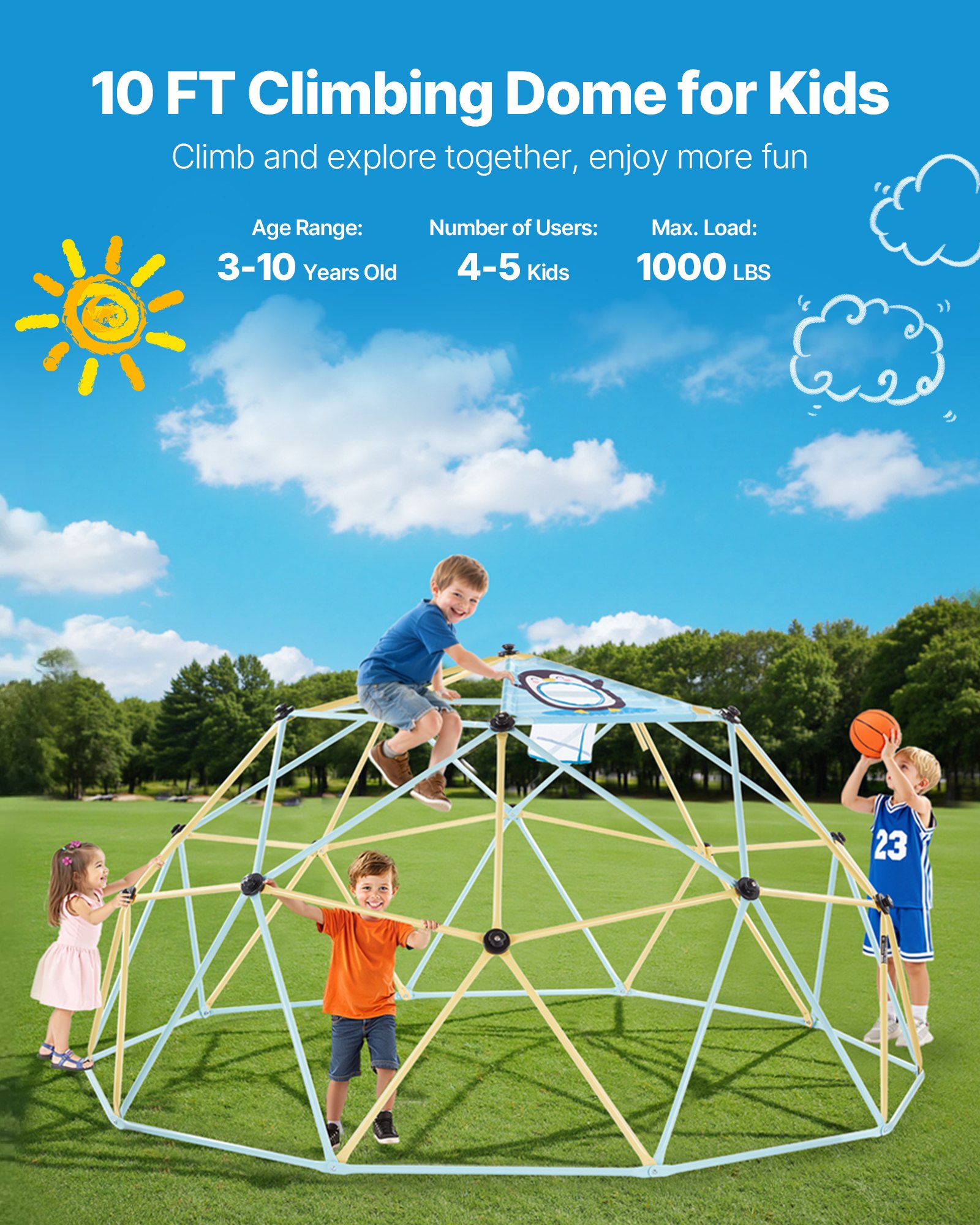 VEVOR Struttura da Arrampicata Geometrica con Cupola da Arrampicata e Rete (305 cm), Capacità di Carico 453 kg, Attrezzatura da Arrampicata per Bambini dai 3 ai 10 Anni, Parco Giochi, Blu Giallo
