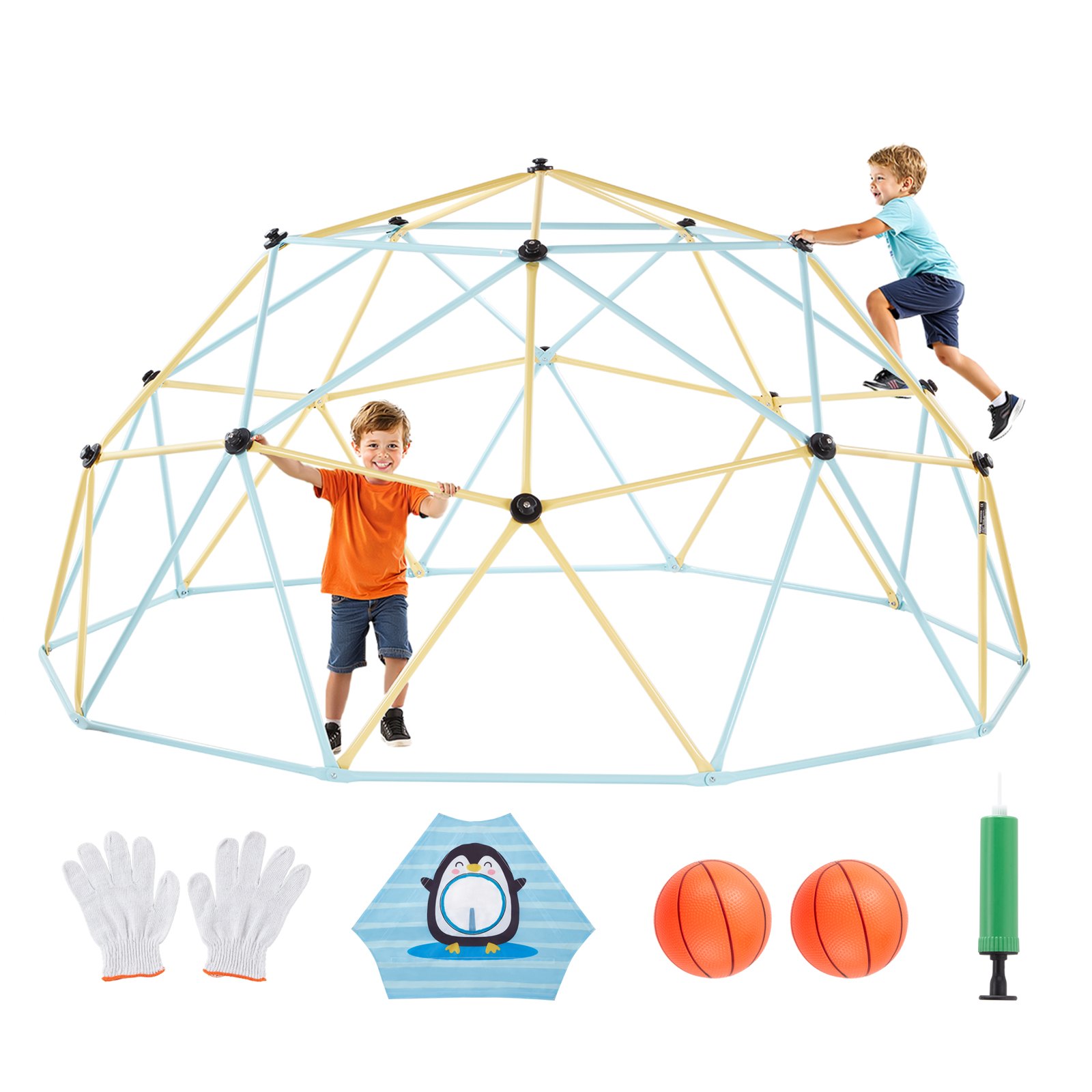 VEVOR Struttura da Arrampicata Geometrica con Cupola da Arrampicata e Rete (305 cm), Capacità di Carico 453 kg, Attrezzatura da Arrampicata per Bambini dai 3 ai 10 Anni, Parco Giochi, Blu Giallo