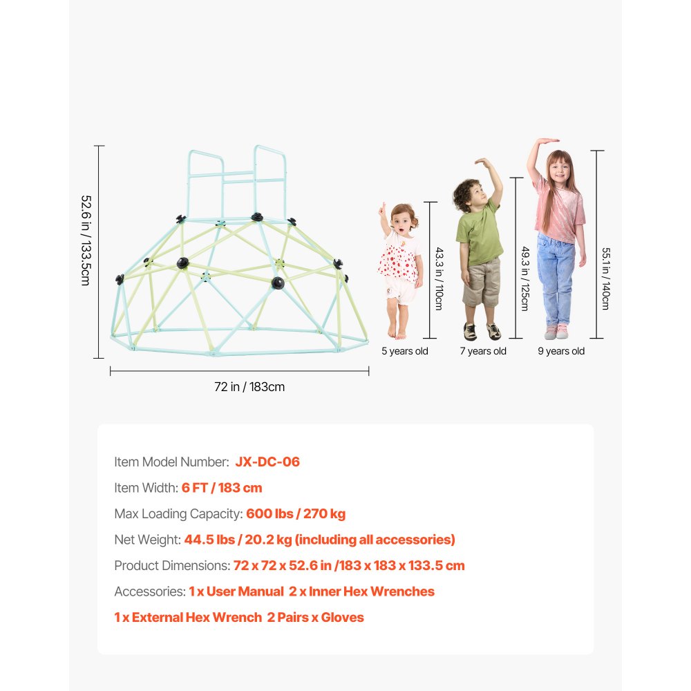 VEVOR Struttura da Arrampicata Geometrica a Cupola Larghezza 183 cm, Carico 270 kg, Attrezzatura da Arrampicata per Bambini dai 3 ai 10 Anni, Parco Giochi Giardino Esercizio da Esterno Blu Verde