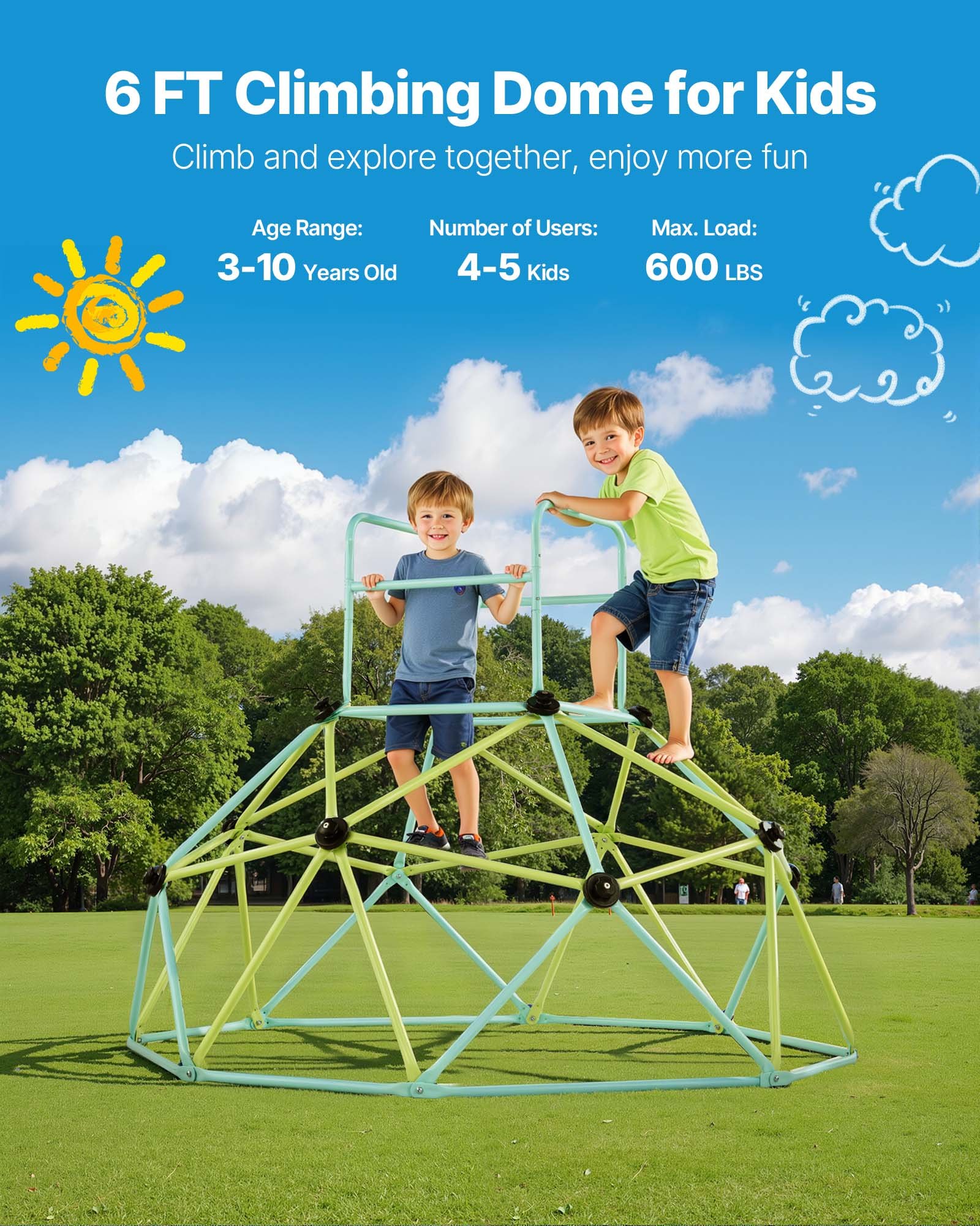 VEVOR Struttura da Arrampicata Geometrica a Cupola Larghezza 183 cm, Carico 270 kg, Attrezzatura da Arrampicata per Bambini dai 3 ai 10 Anni, Parco Giochi Giardino Esercizio da Esterno Blu Verde