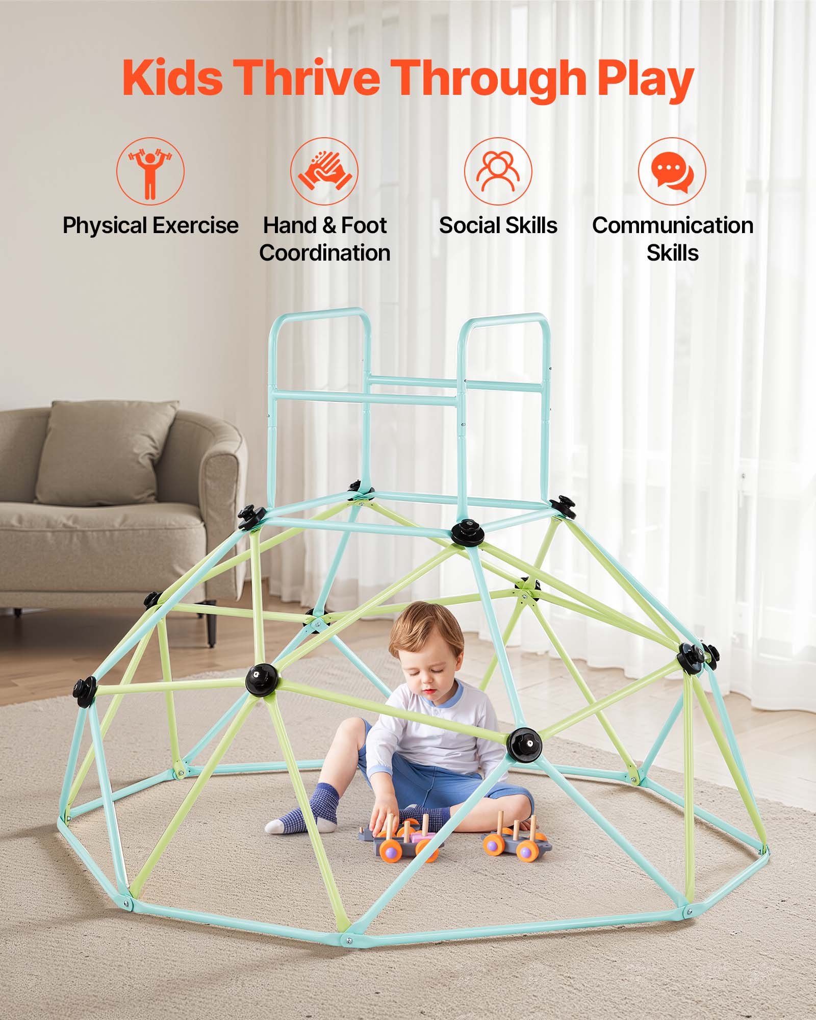 VEVOR Struttura da Arrampicata Geometrica a Cupola Larghezza 183 cm, Carico 270 kg, Attrezzatura da Arrampicata per Bambini dai 3 ai 10 Anni, Parco Giochi Giardino Esercizio da Esterno Blu Verde
