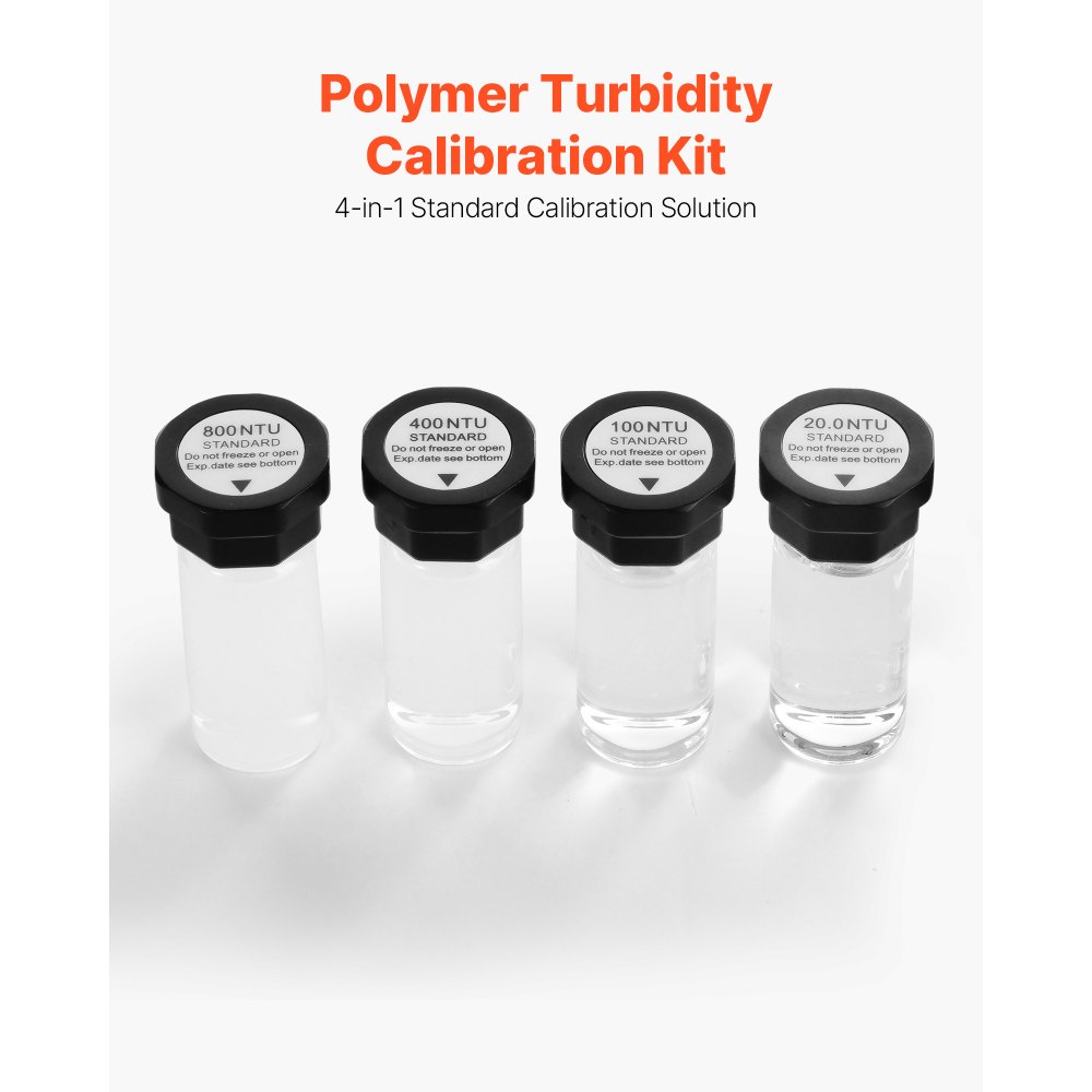 VEVOR Kit di Soluzione di Calibrazione per Torbidità 20/100/400/800 NTU, Set Standard di Torbidità, Strumento 4 pezzi per Torbidimetro TN2000, Inserto Protettivo Antiurto, Bottiglia Sigillata