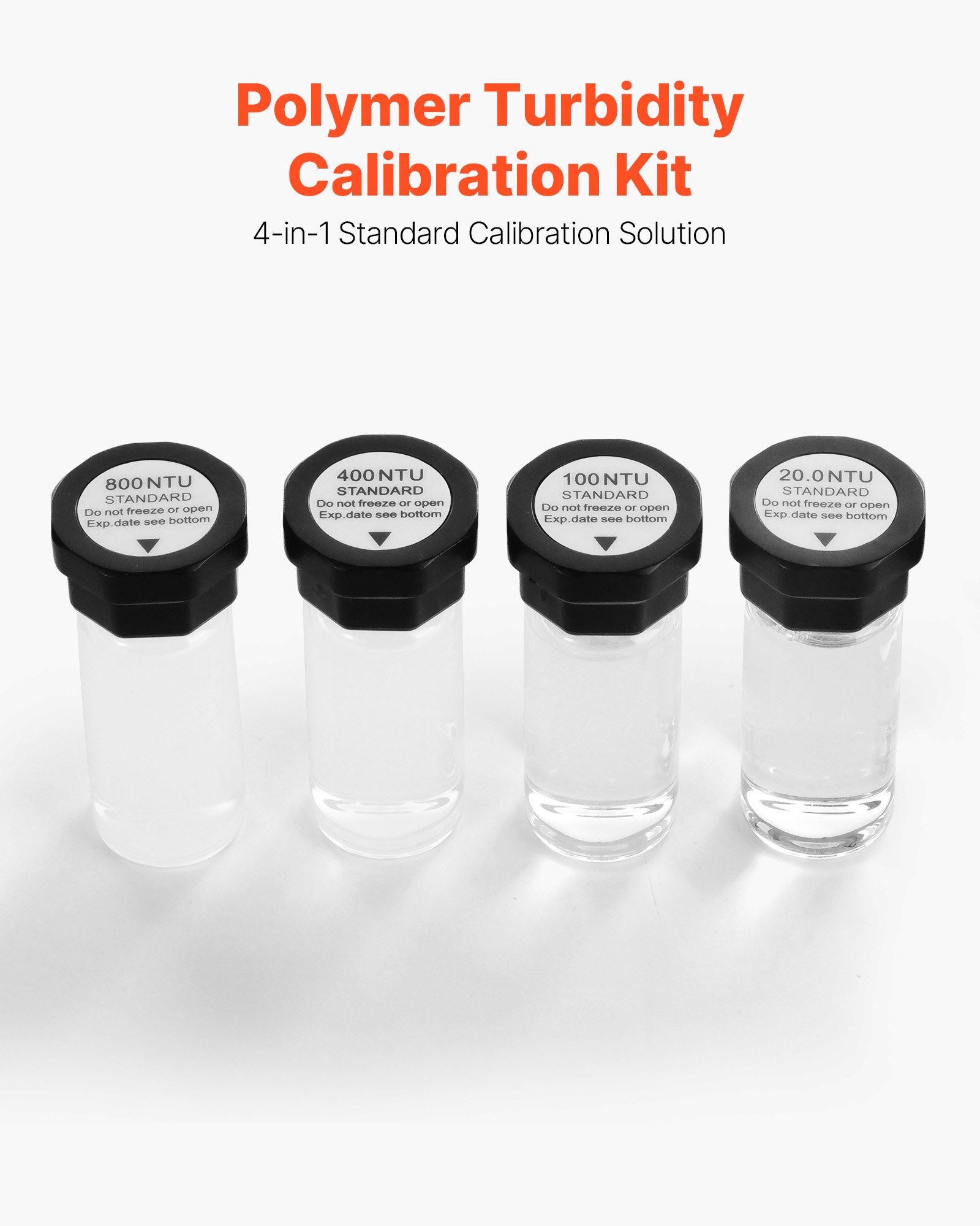 VEVOR Kit di Soluzione di Calibrazione per Torbidità 20/100/400/800 NTU, Set Standard di Torbidità Soluzione 4 Ricariche per Torbidimetro TN1000, Inserto Protettivo Antiurto, Bottiglia Sigillata