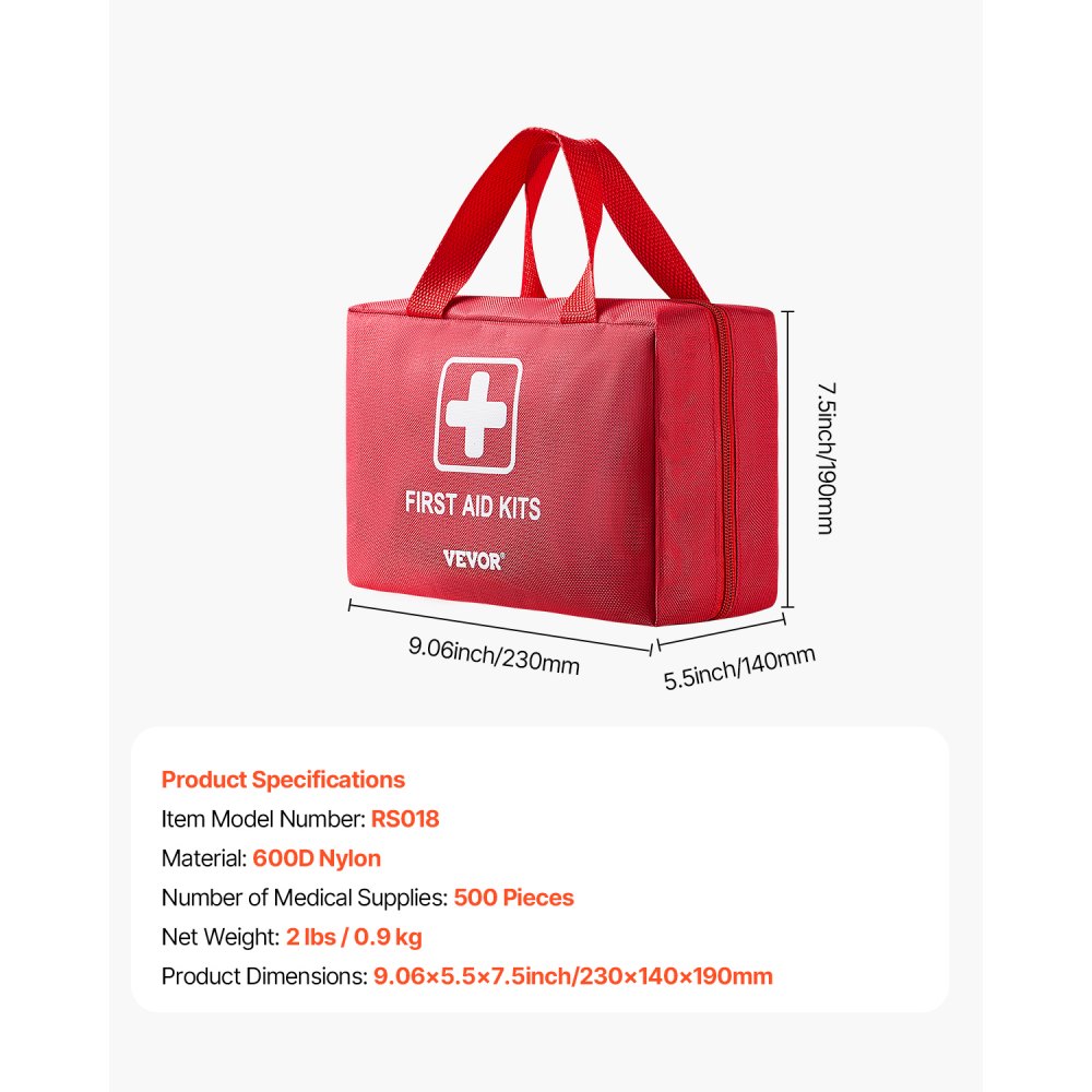 VEVOR Kit di Pronto Soccorso 500 pezzi Borsa di Pronto Soccorso di Emergenza Borsa in Nylon 600D, Forniture Mediche di Emergenza per Casa, Auto, Barca, Ufficio, Viaggi, Campeggio, Camion, Sport