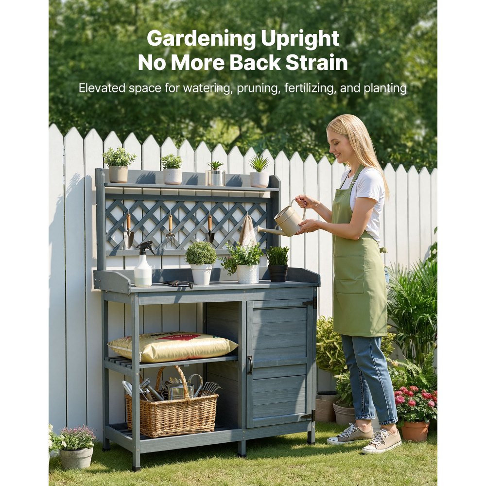 VEVOR Armadietto Banco per Giardinaggio, con Mobiletto Portaoggetti, Ripiani Portaoggetti, Piano in Legno 110 x 46 cm, Postazione di Lavoro per Piantagione da Giardino per Patio, Cortile, Grigio