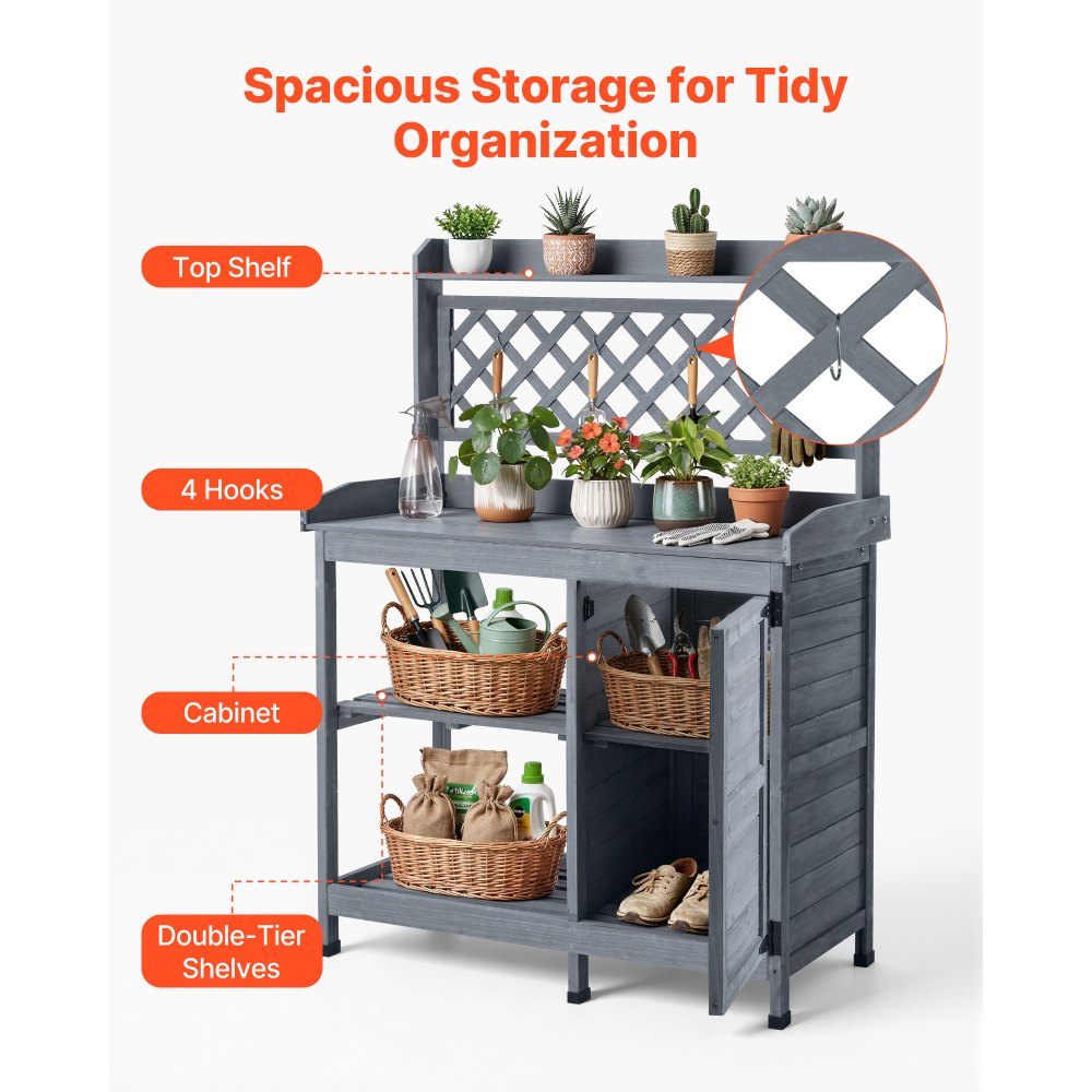 VEVOR Armadietto Banco per Giardinaggio, con Mobiletto Portaoggetti, Ripiani Portaoggetti, Piano in Legno 110 x 46 cm, Postazione di Lavoro per Piantagione da Giardino per Patio, Cortile, Grigio
