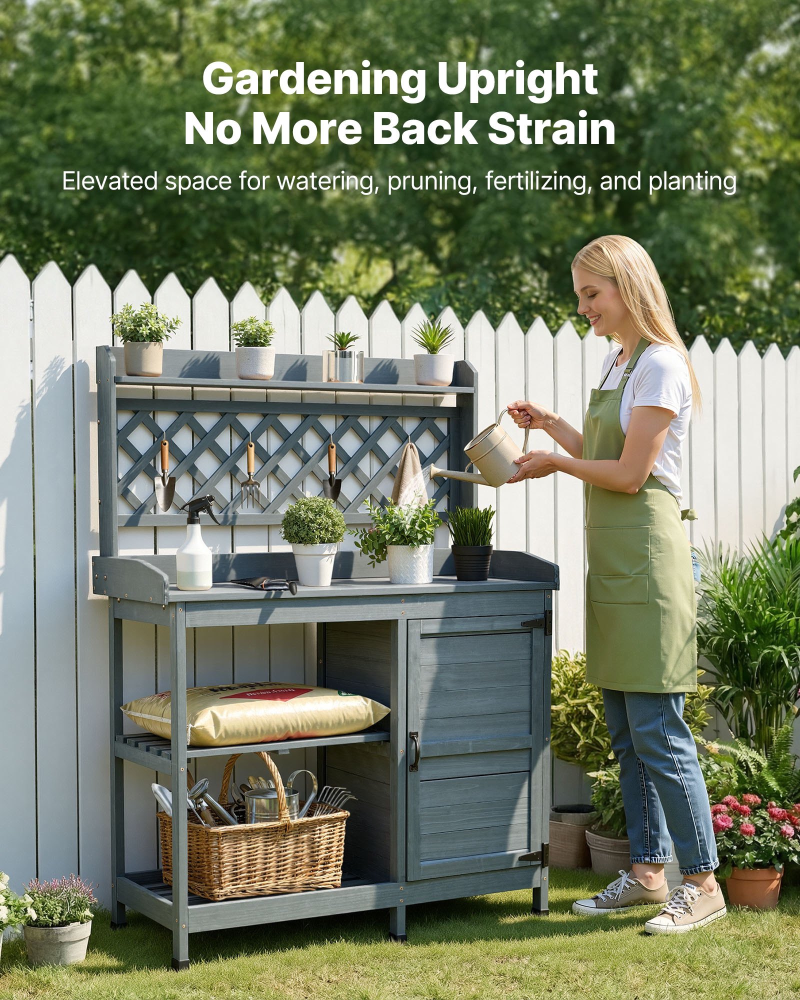 VEVOR Armadietto Banco per Giardinaggio, con Mobiletto Portaoggetti, Ripiani Portaoggetti, Piano in Legno 110 x 46 cm, Postazione di Lavoro per Piantagione da Giardino per Patio, Cortile, Grigio