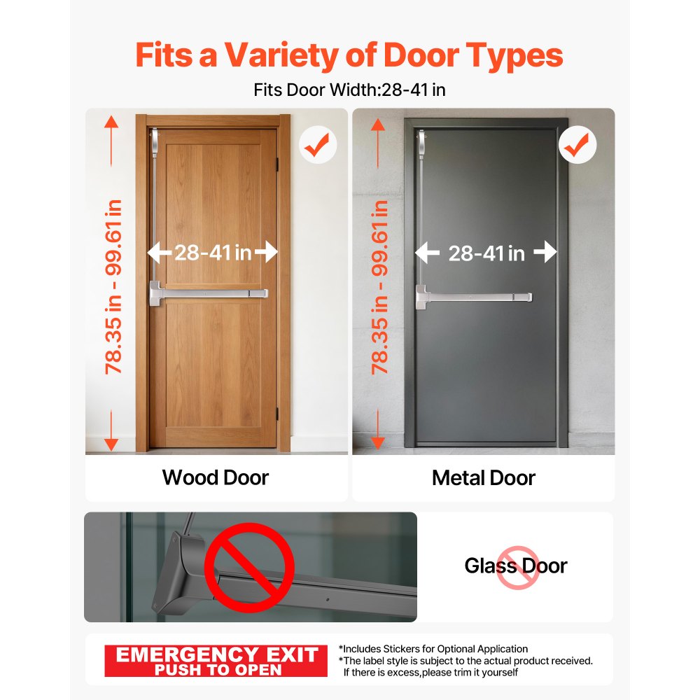 VEVOR Dispositivo Antipanico con Barra di Spinta Commerciale in Acciaio Inox da 711 mm per Porte di Uscita, Ferramenta di Emergenza Asta Superiore Verticale e Adesivo, per Porte in Legno o Metallo