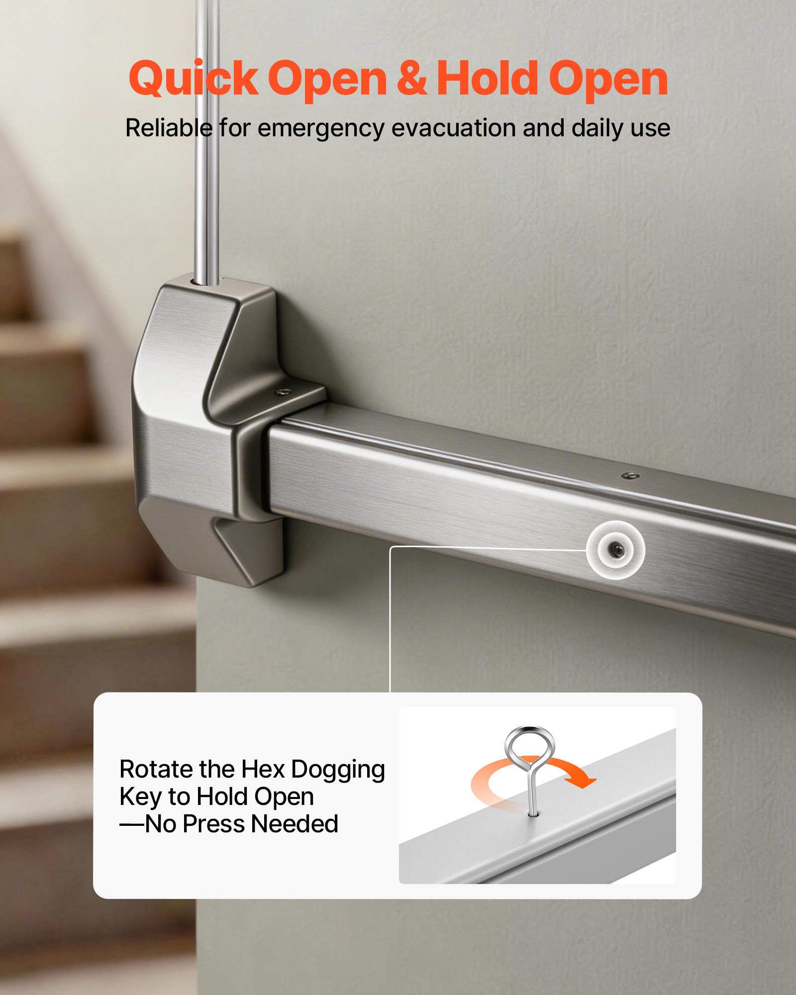 VEVOR Dispositivo Antipanico con Barra di Spinta Commerciale in Acciaio Inox da 711 mm per Porte di Uscita, Ferramenta di Emergenza Asta Superiore Verticale e Adesivo, per Porte in Legno o Metallo