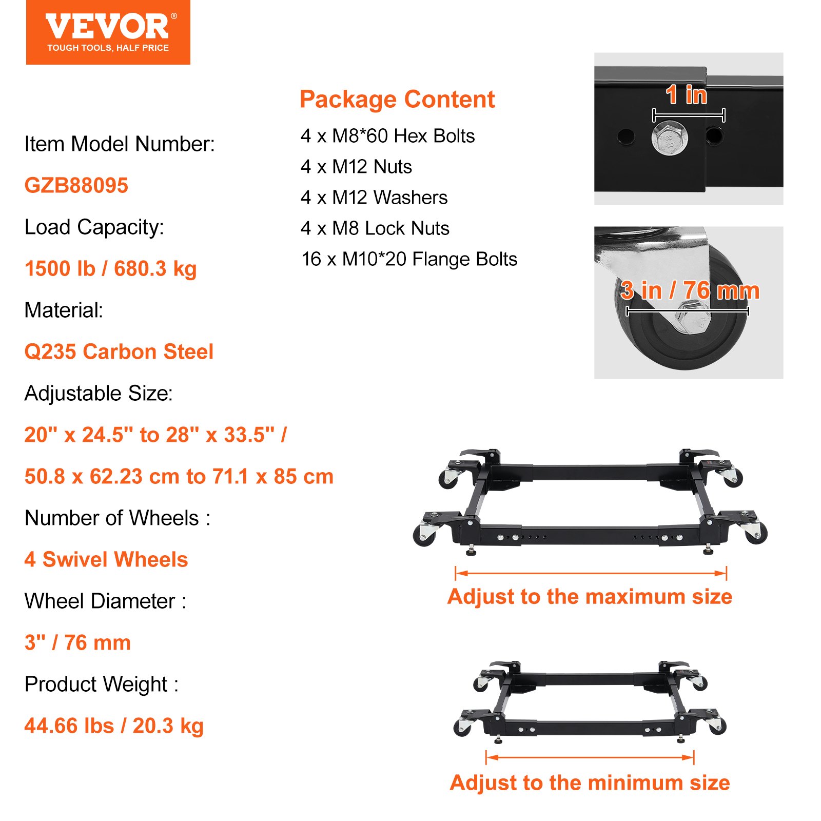 VEVOR Mobile Base, 1500 lbs capacity, adjustable from 20" x 24.5" to 28" x 33.5", robust universal mobile base with 4 swivel casters, for woodworking equipment, band saw, power tool, machine