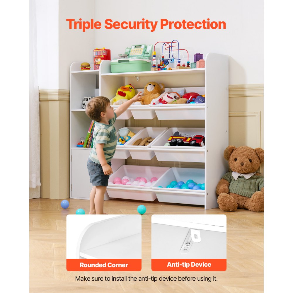 VEVOR Scaffale per Giocattoli, Carico di 10 kg Organizzatore per Giocattoli a 4 Ripiani con 8 Contenitori in Plastica Flessibili, Mobiletto per Camera da Letto, Aula, Cameretta dei Bambini, Bianco