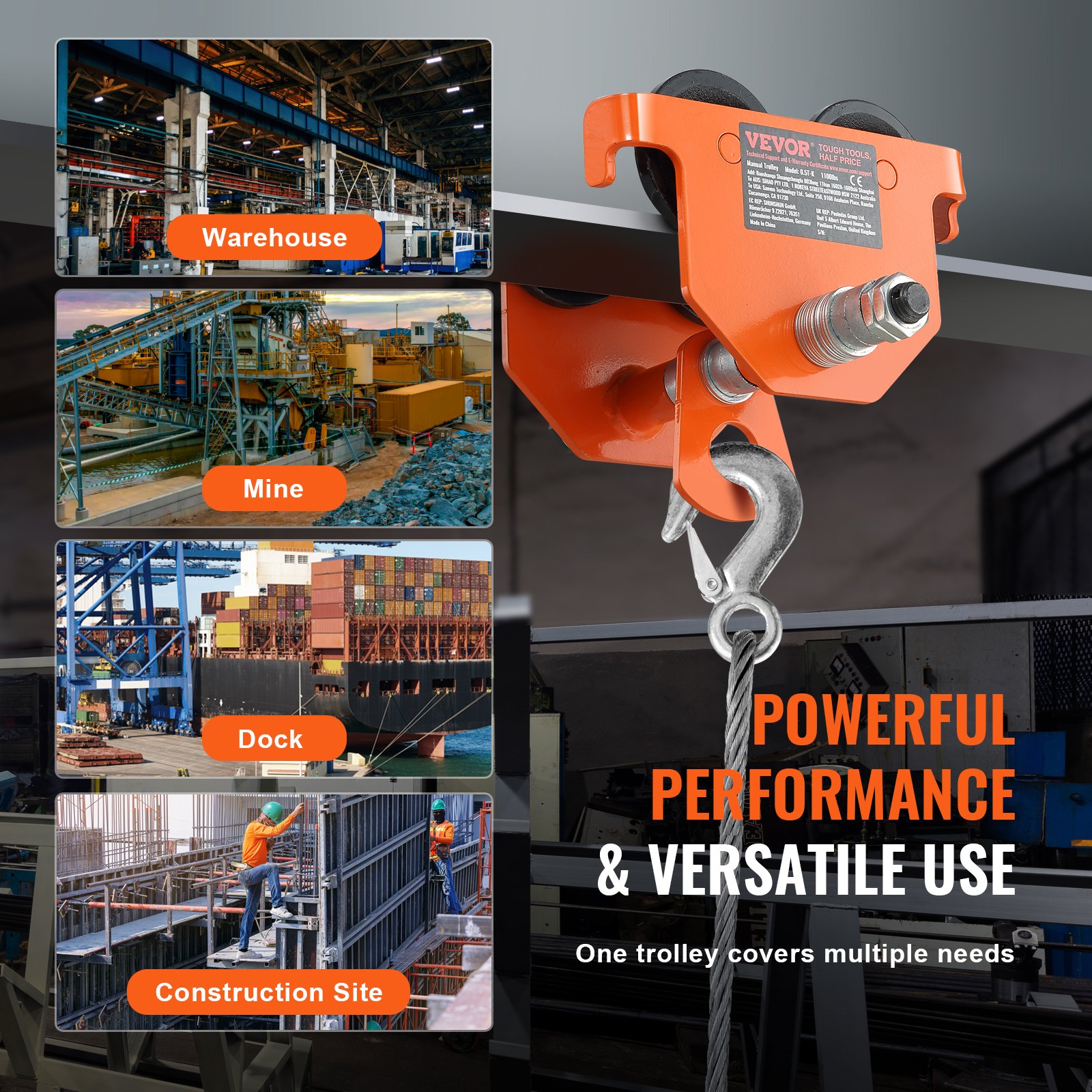 VEVOR Carrello di Sollevamento Capacità Carico max. 0,5 Tonnellate, Carrello Trave di Spinta Larghezza Regolabile 63,5-203,2mm, Carrello di Sollevamento per Garage Officina in Acciaio Legato Travi I