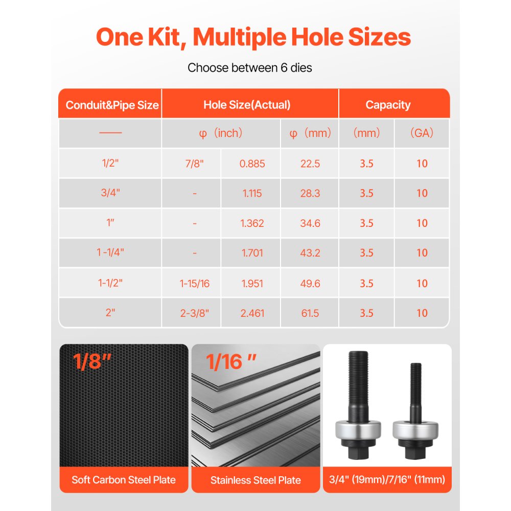 VEVOR Kit di Perforazione Manuale, Set di Punzoni per Espulsione a Cricchetto SLUG-Buster da 1,27 a 5,08 cm, con Chiave a Cricchetto 6 Dimensioni di Matrice, in Acciaio 40Cr Ko per Alluminio