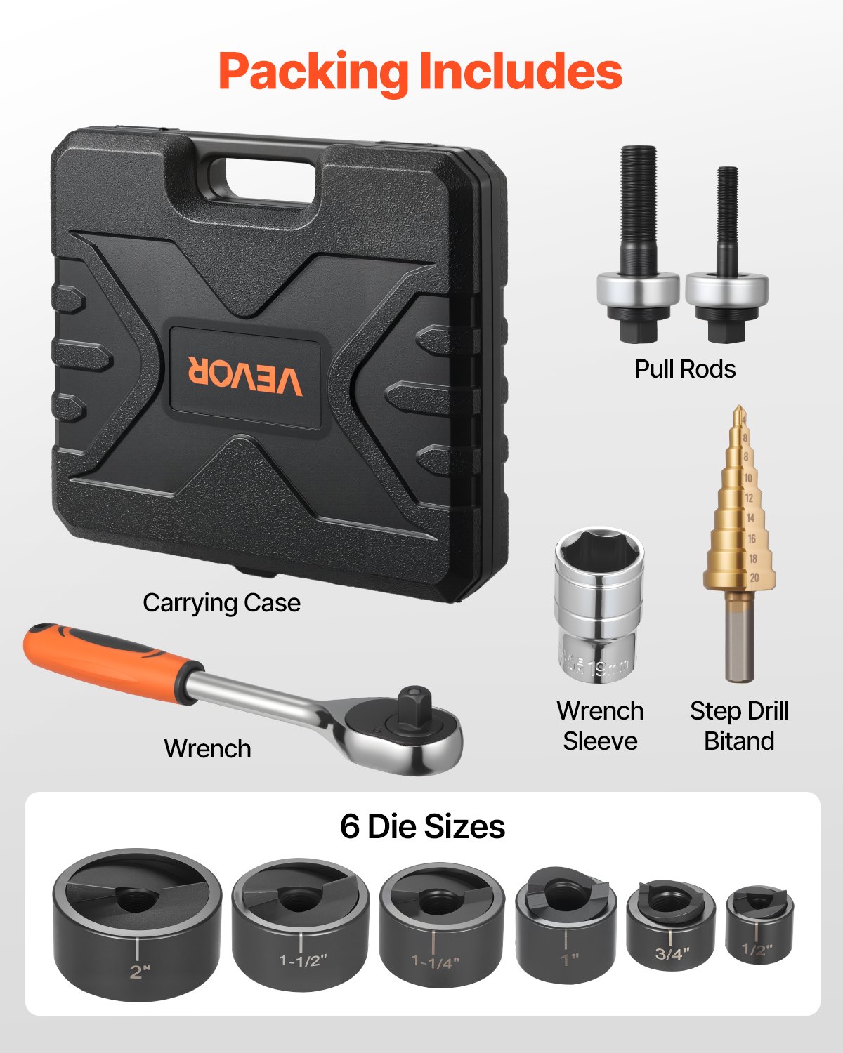 VEVOR Kit di Perforazione Manuale, Set di Punzoni per Espulsione a Cricchetto SLUG-Buster da 1,27 a 5,08 cm, con Chiave a Cricchetto 6 Dimensioni di Matrice, in Acciaio 40Cr Ko per Alluminio