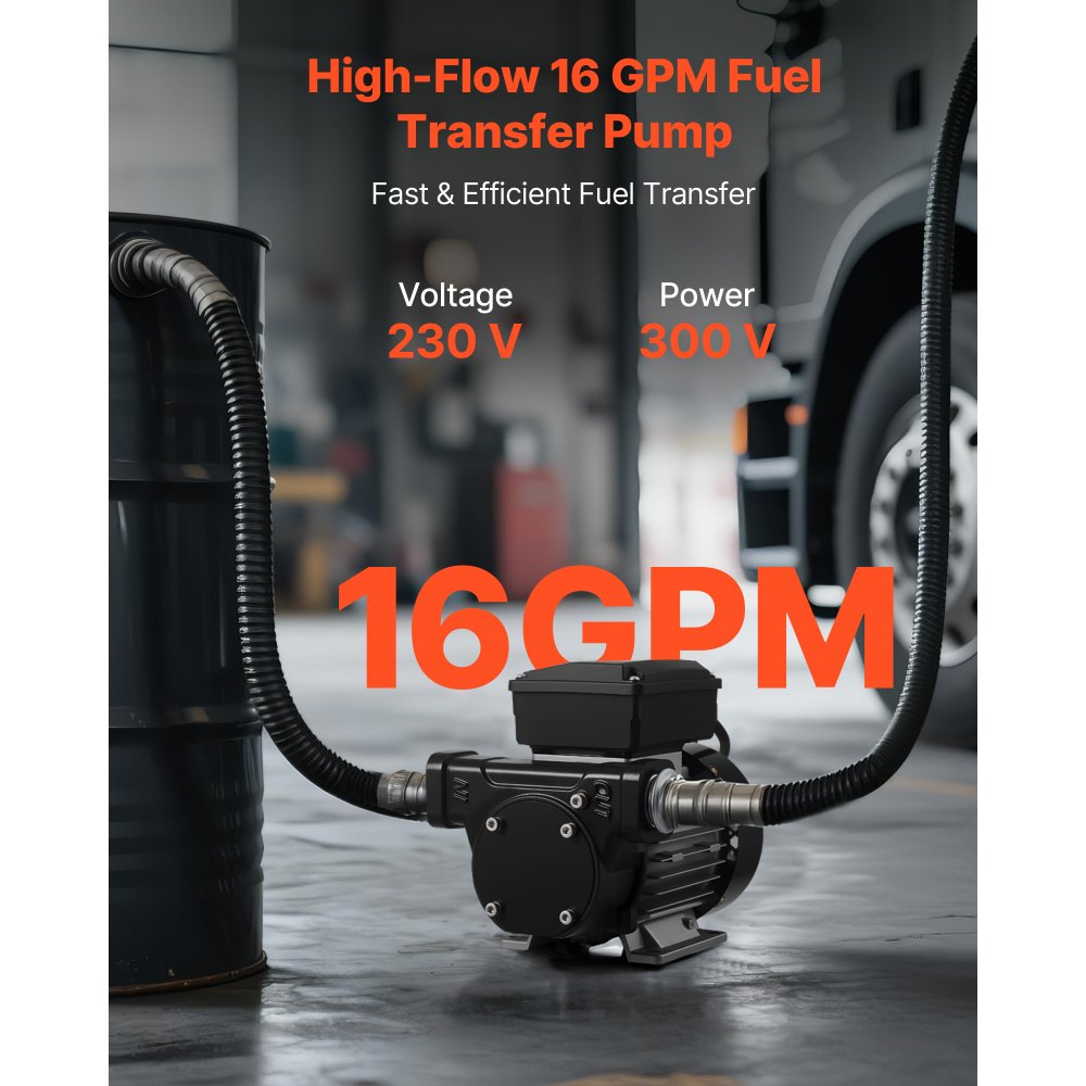 VEVOR Oil Transfer Pump 230V, 16 GPM 60 L/min, AC Electric Fuel Transfer Pump for Diesel Kerosene Biodiesel, 8 ft/2.4 m Max Suction Lift, 45 ft/13.7 m Max Lift, for Vehicles, Construction Sites, Farms